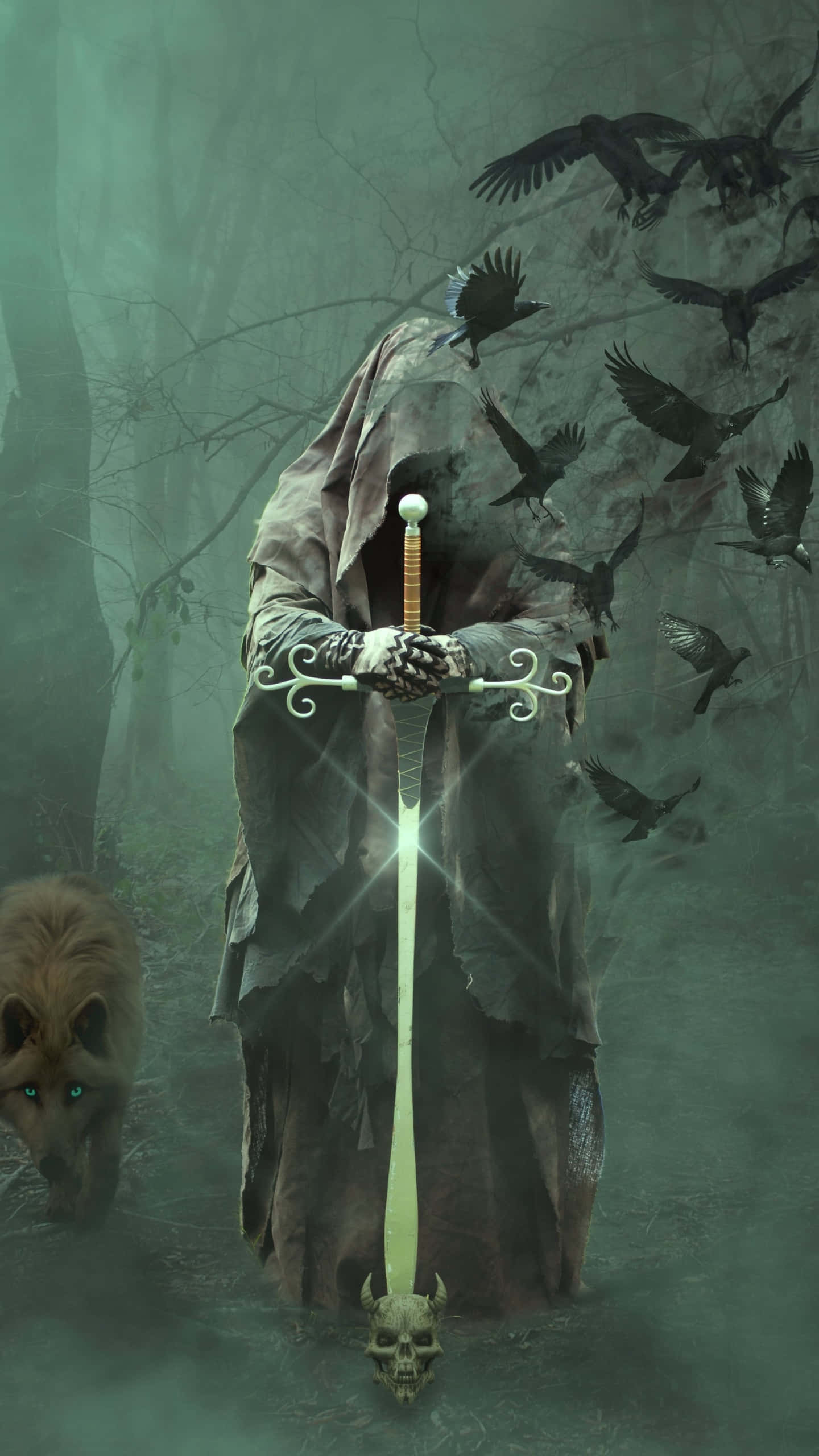 Fantasy Phone, hooded figure, glowing sword, 2K Phone Wallpaper