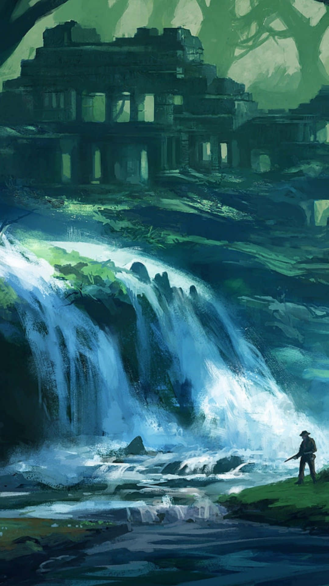 Fantasy Phone, waterfall, ancient ruins, Full HD Phone Wallpaper
