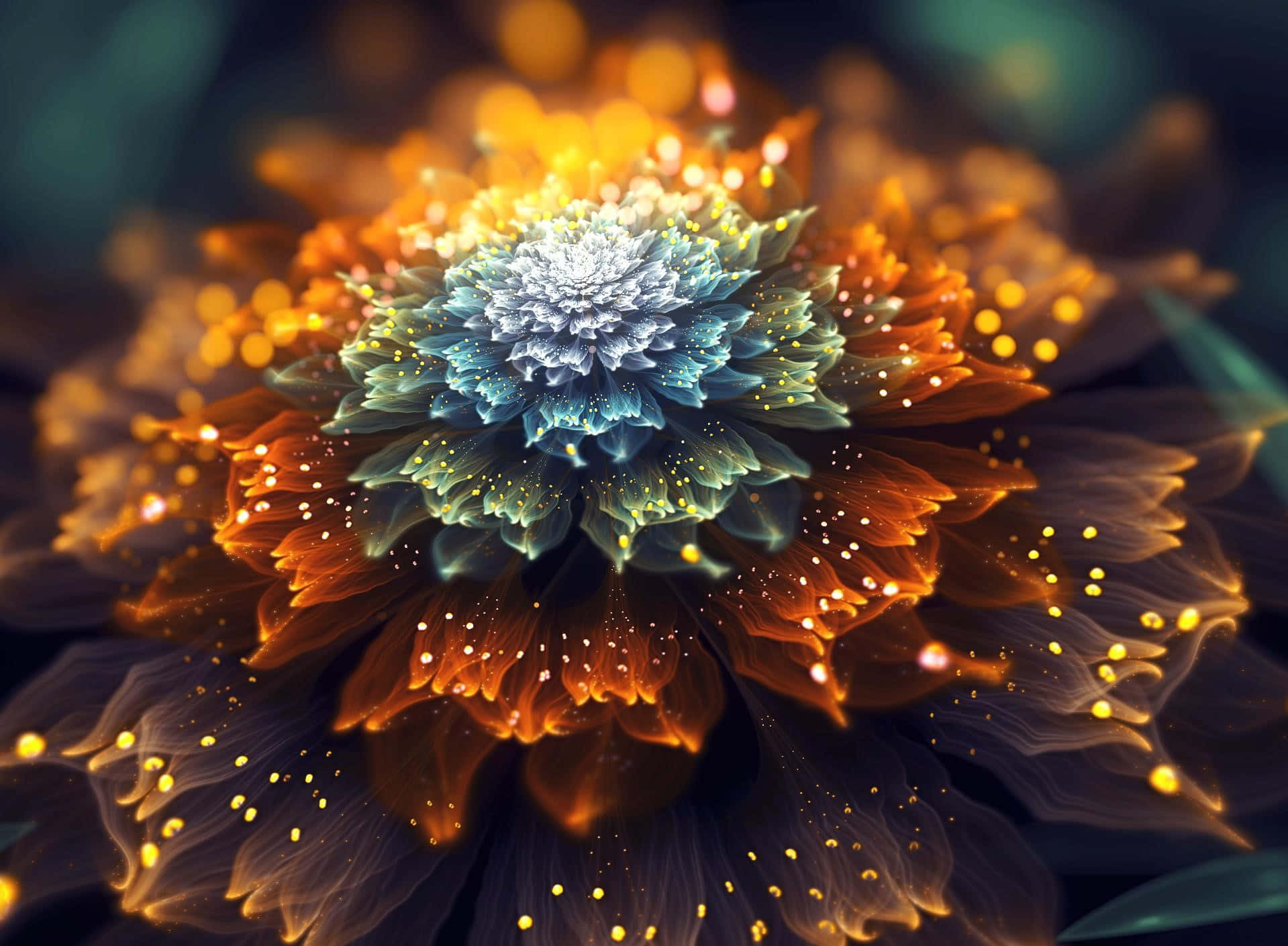 fractal flower, orange petals, crystalline blue center, HD Desktop Wallpaper