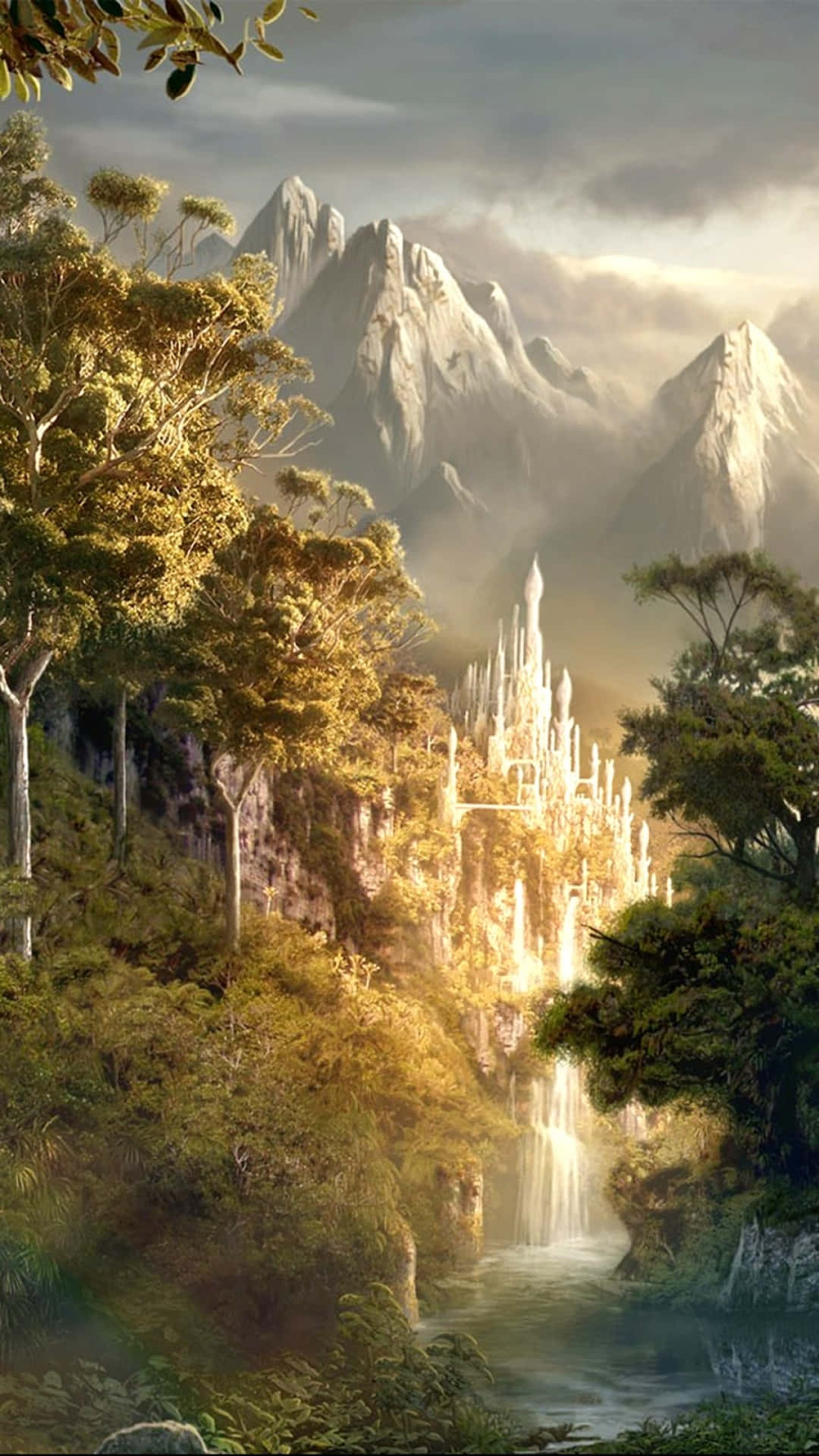 glowing castle, cliffside waterfall, lush green forest, Full HD Phone Wallpaper