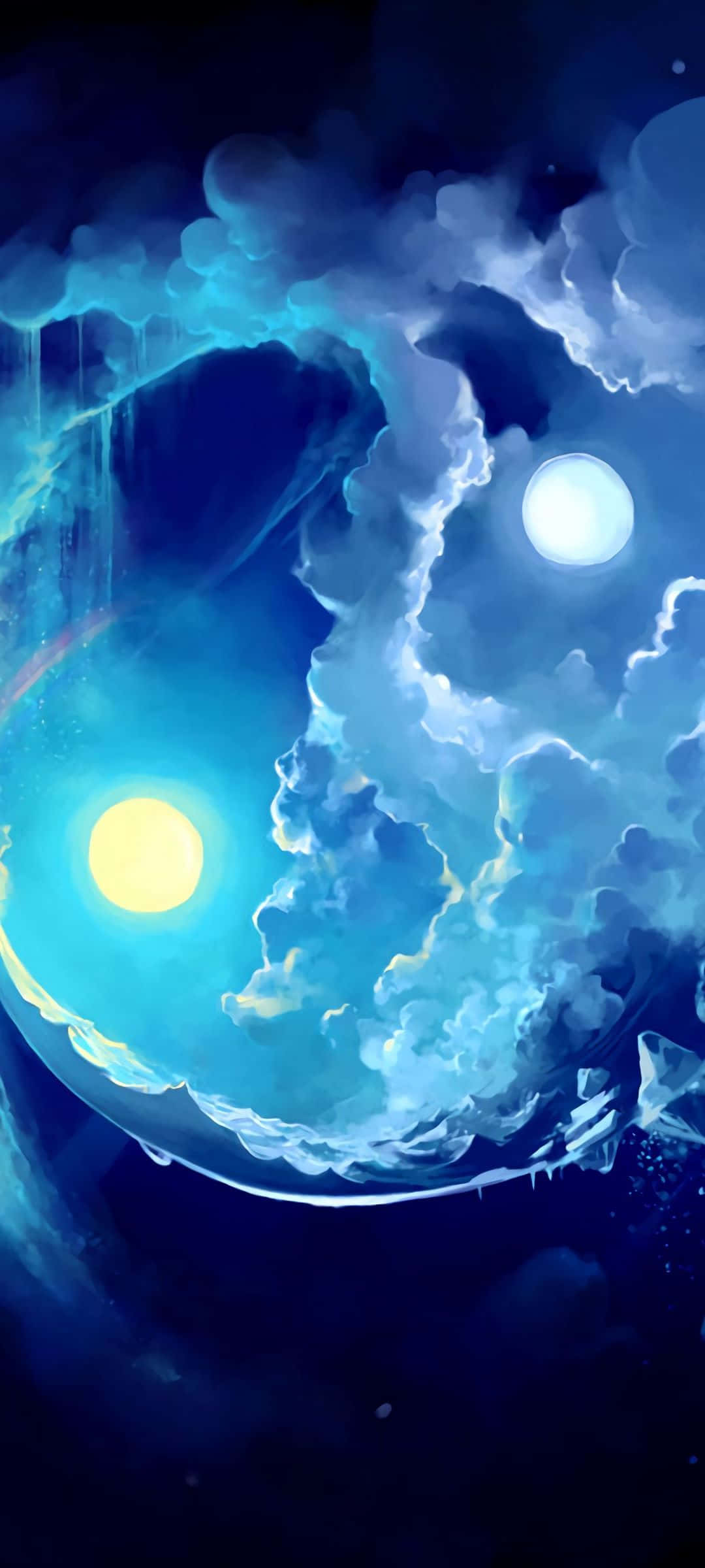 Fantasy Phone, cosmic yin yang symbol, swirling blue clouds, Full HD Phone Wallpaper