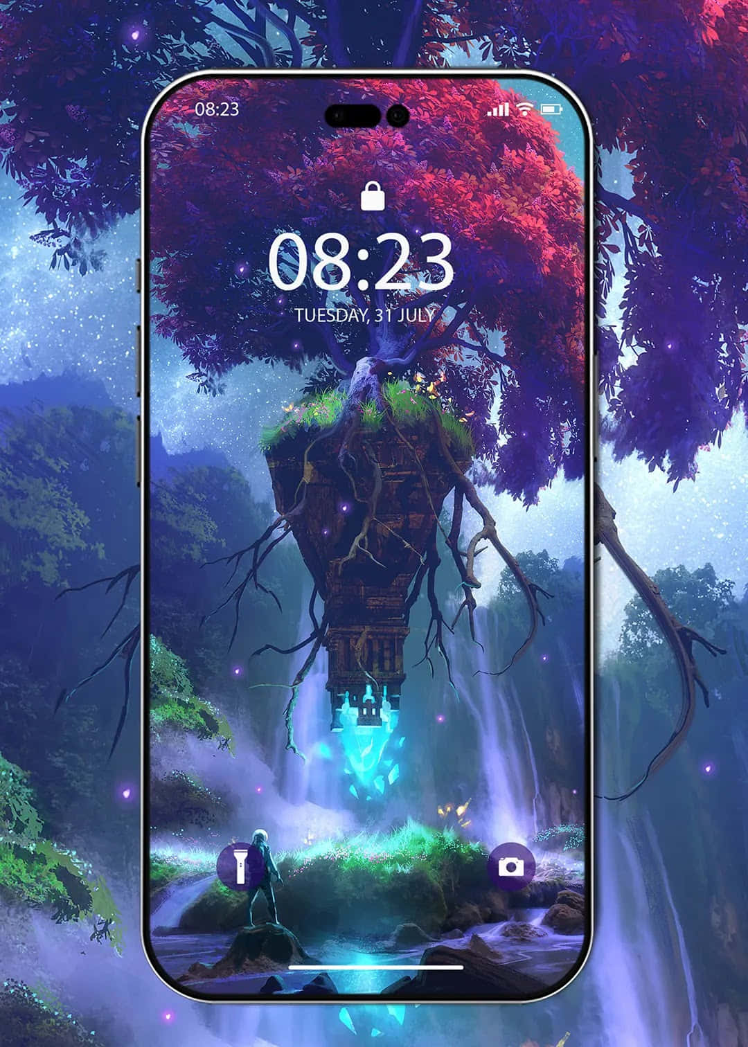 glowing treehouse, waterfall, lone figure, HD Phone Wallpaper