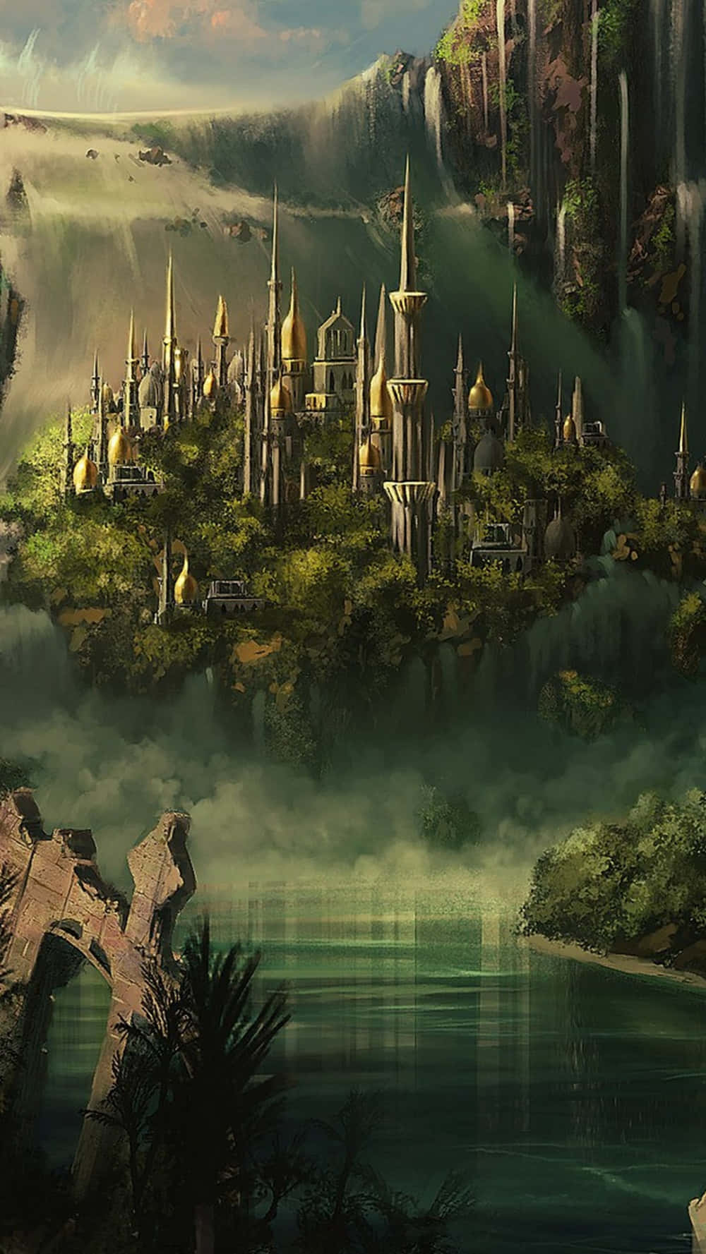 Fantasy Phone, golden spires, lush greenery, HD Phone Wallpaper