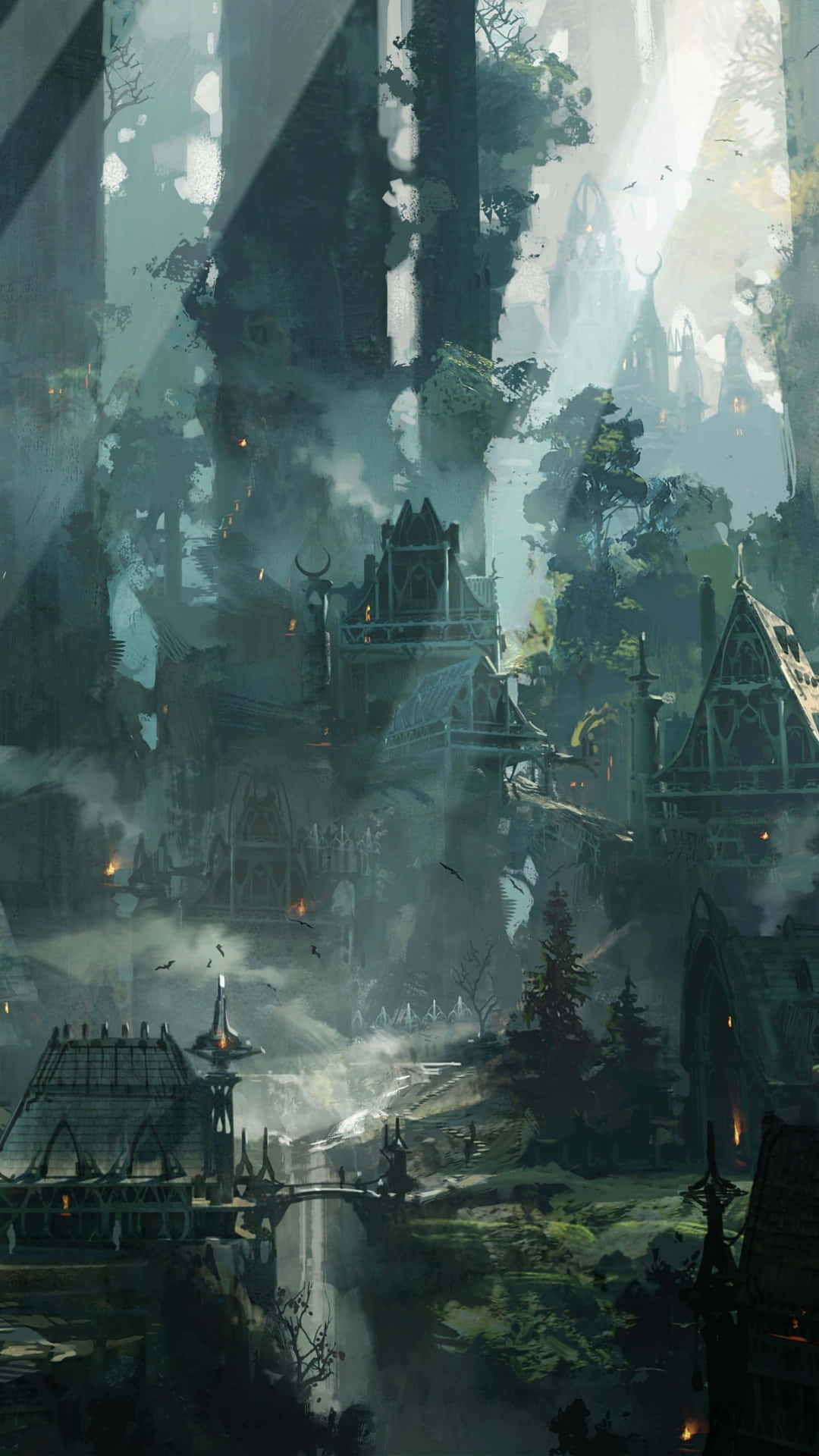 Fantasy Phone, gothic fantasy city, dense forest, Full HD Phone Wallpaper