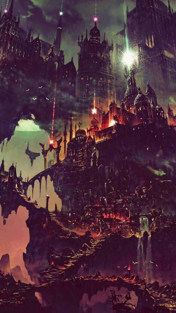 fantasy city, gothic city, cliffs, HD Phone Wallpaper