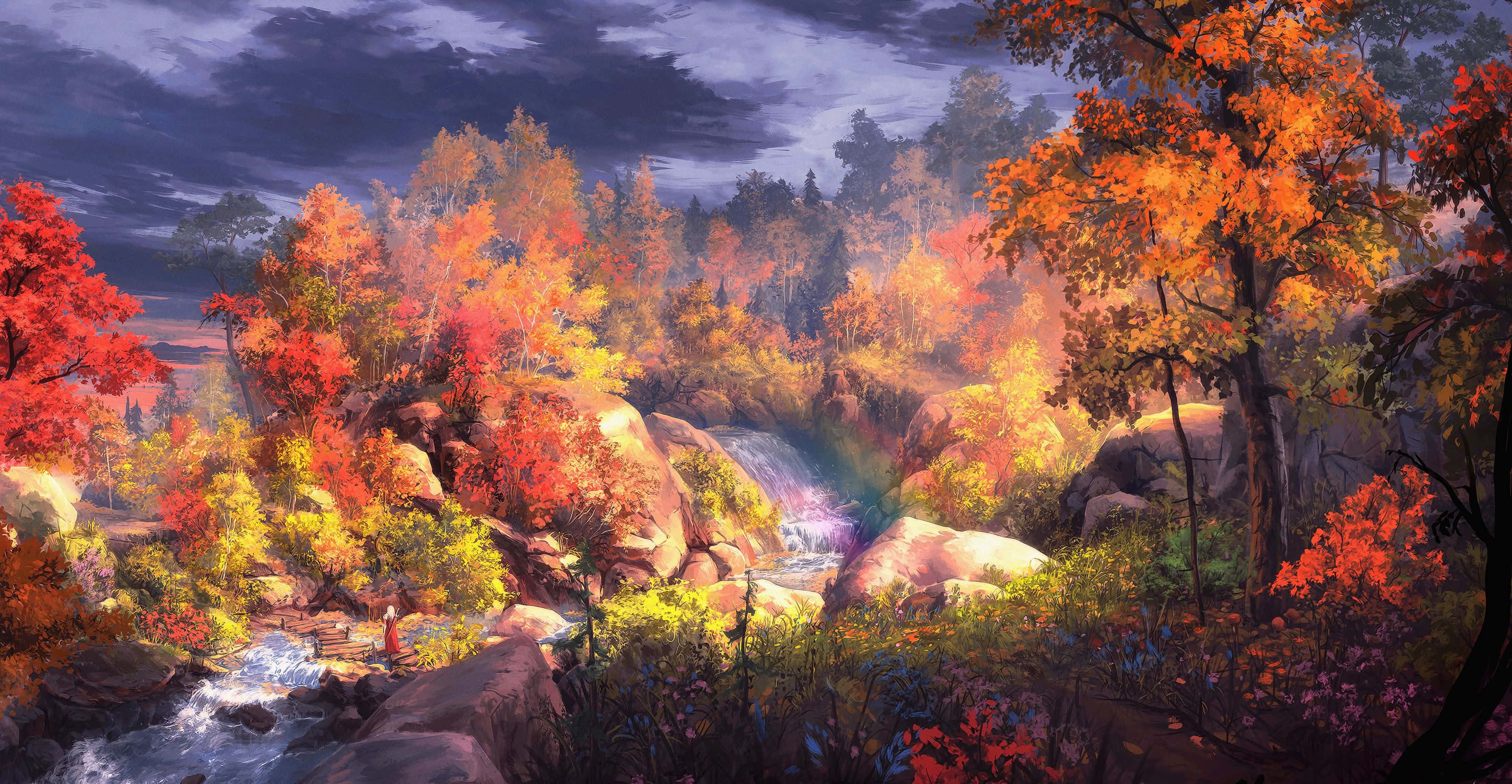 mysterious fire-breathing dragon, autumn forest, fiery red and orange trees, 2K Desktop Wallpaper