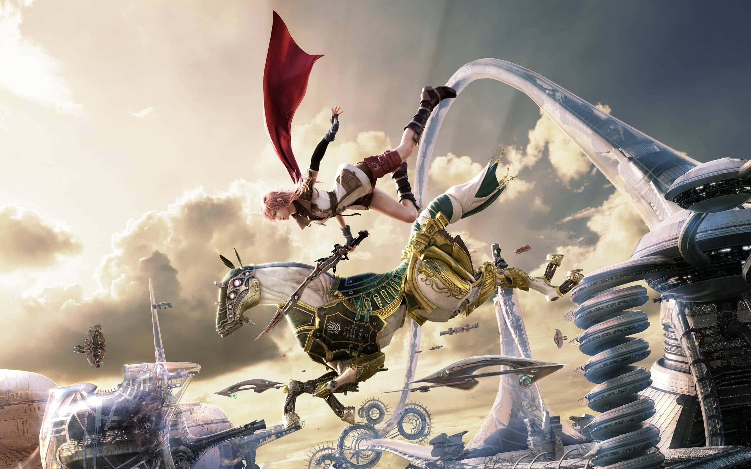 pink-haired warrior, red cape, mechanical horse, 2K Desktop Wallpaper