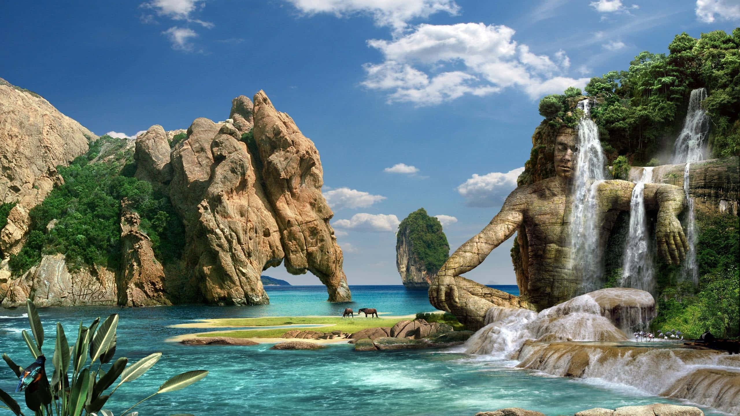 enchanted waterfall cove, colossal stone statue, lush cliffs, 2K Desktop Wallpaper