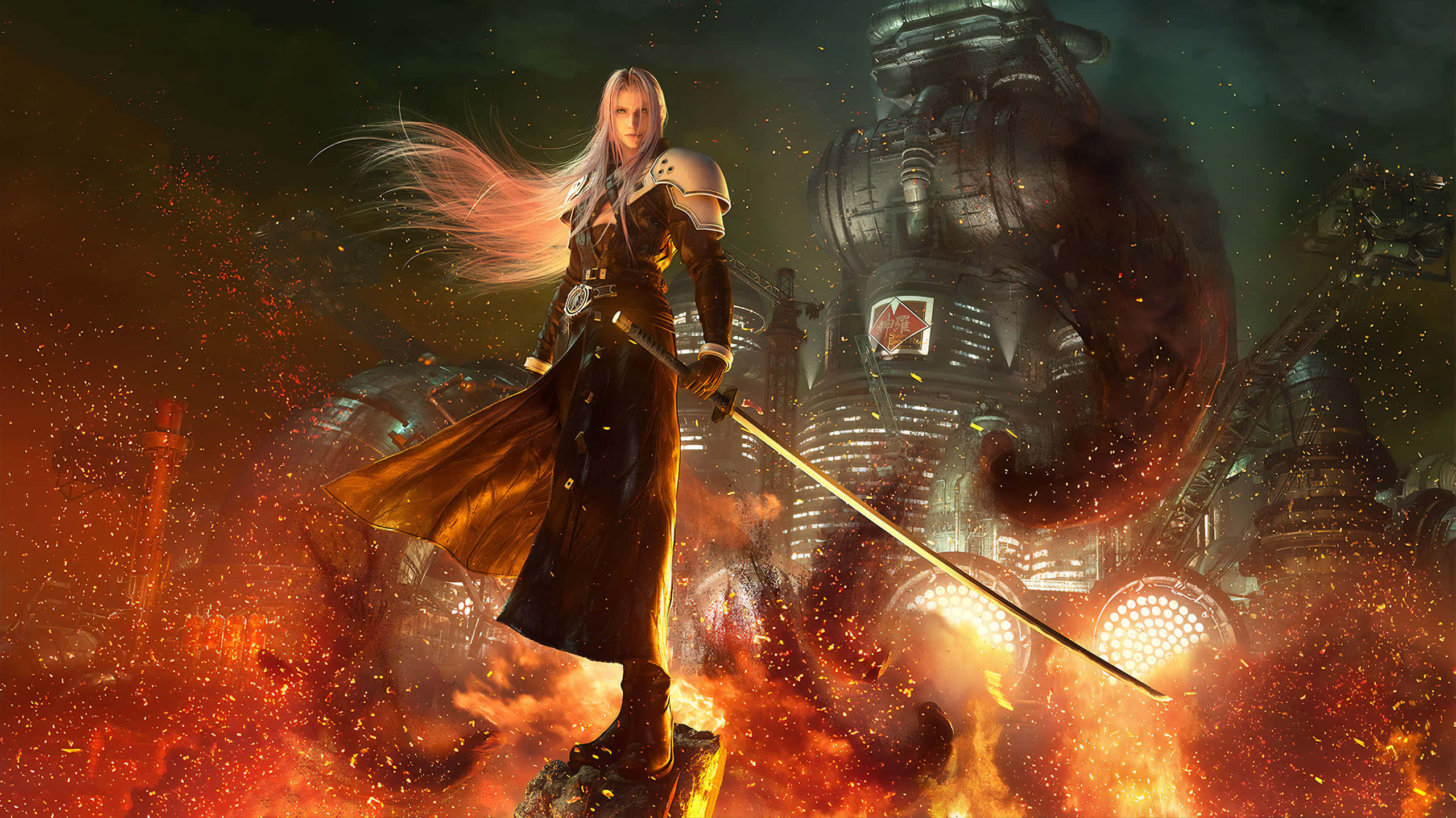 silver-haired warrior, glowing sword, colossal mechanical beast, 2K Desktop Wallpaper