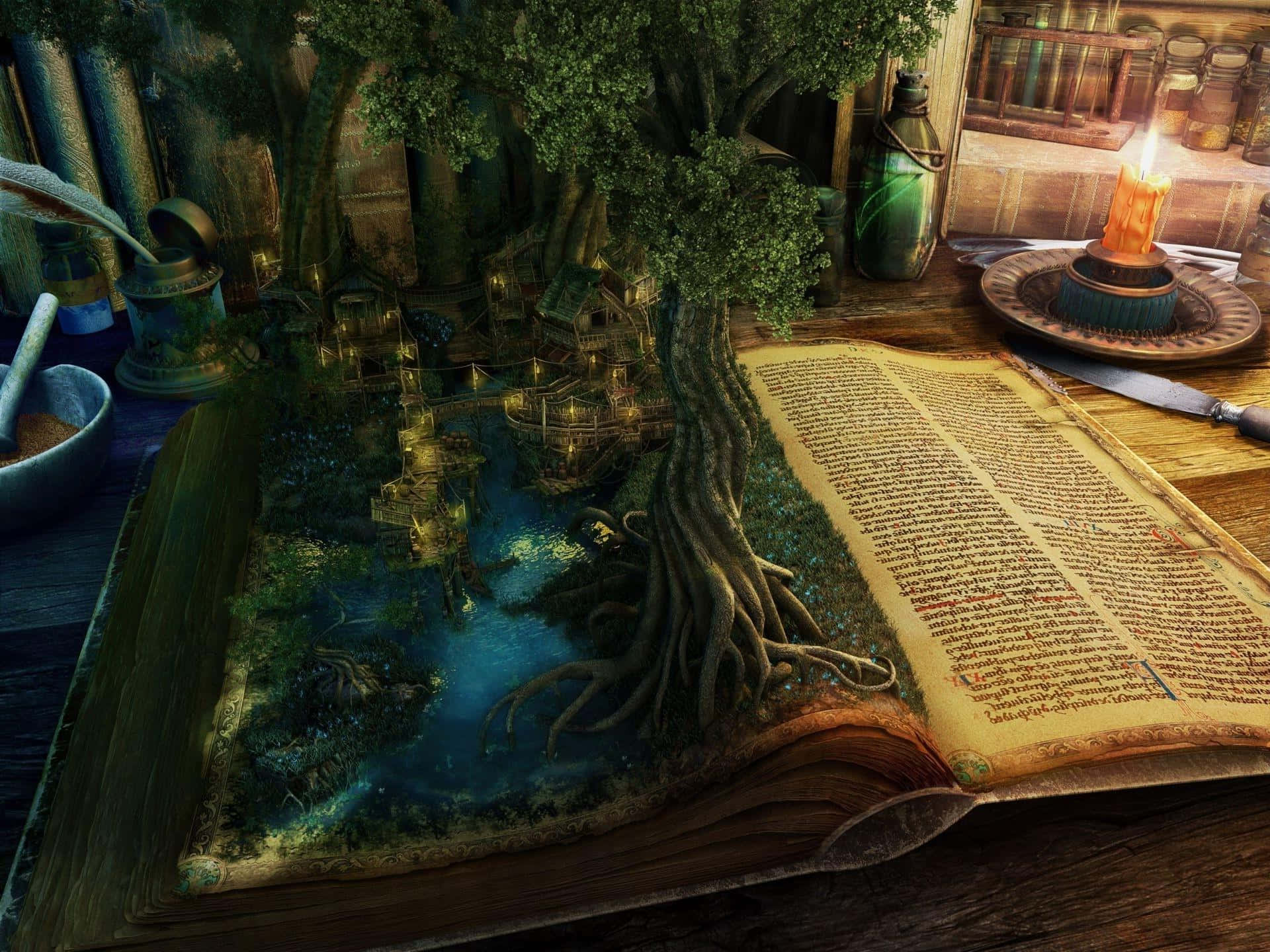 enchanted forest, ancient open book, glowing enchanted forest village, Full HD Desktop Wallpaper