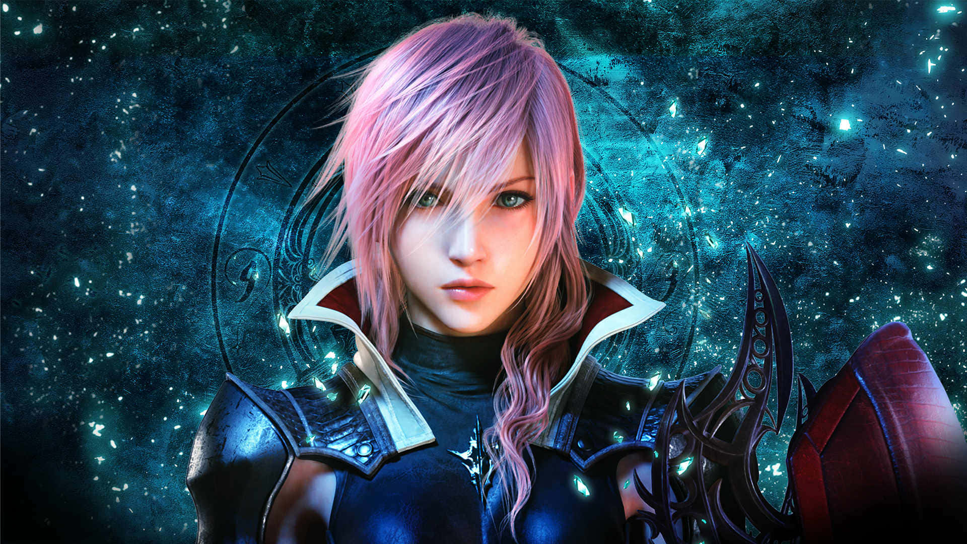 pink-haired anime warrior, dark armor, glowing cosmic background, Full HD Desktop Wallpaper