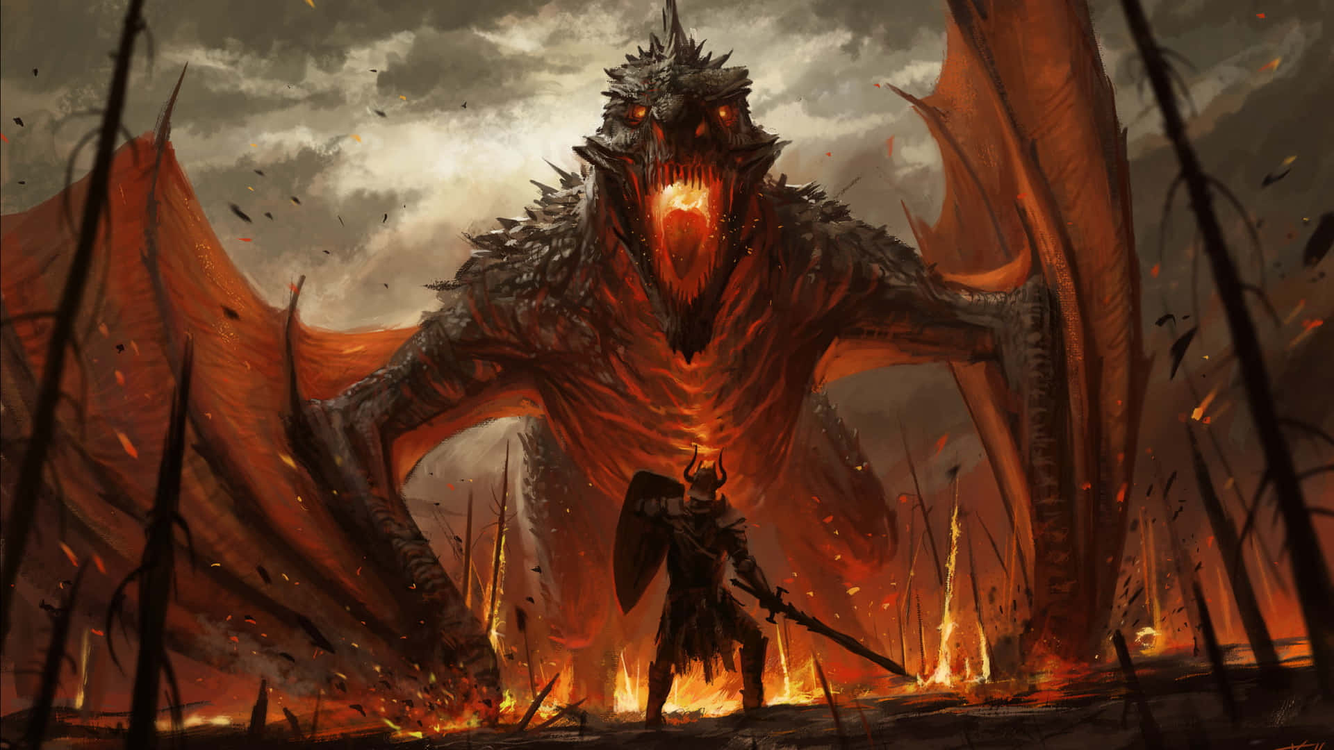 fiery dragon, warrior, burning wasteland, Full HD Desktop Wallpaper