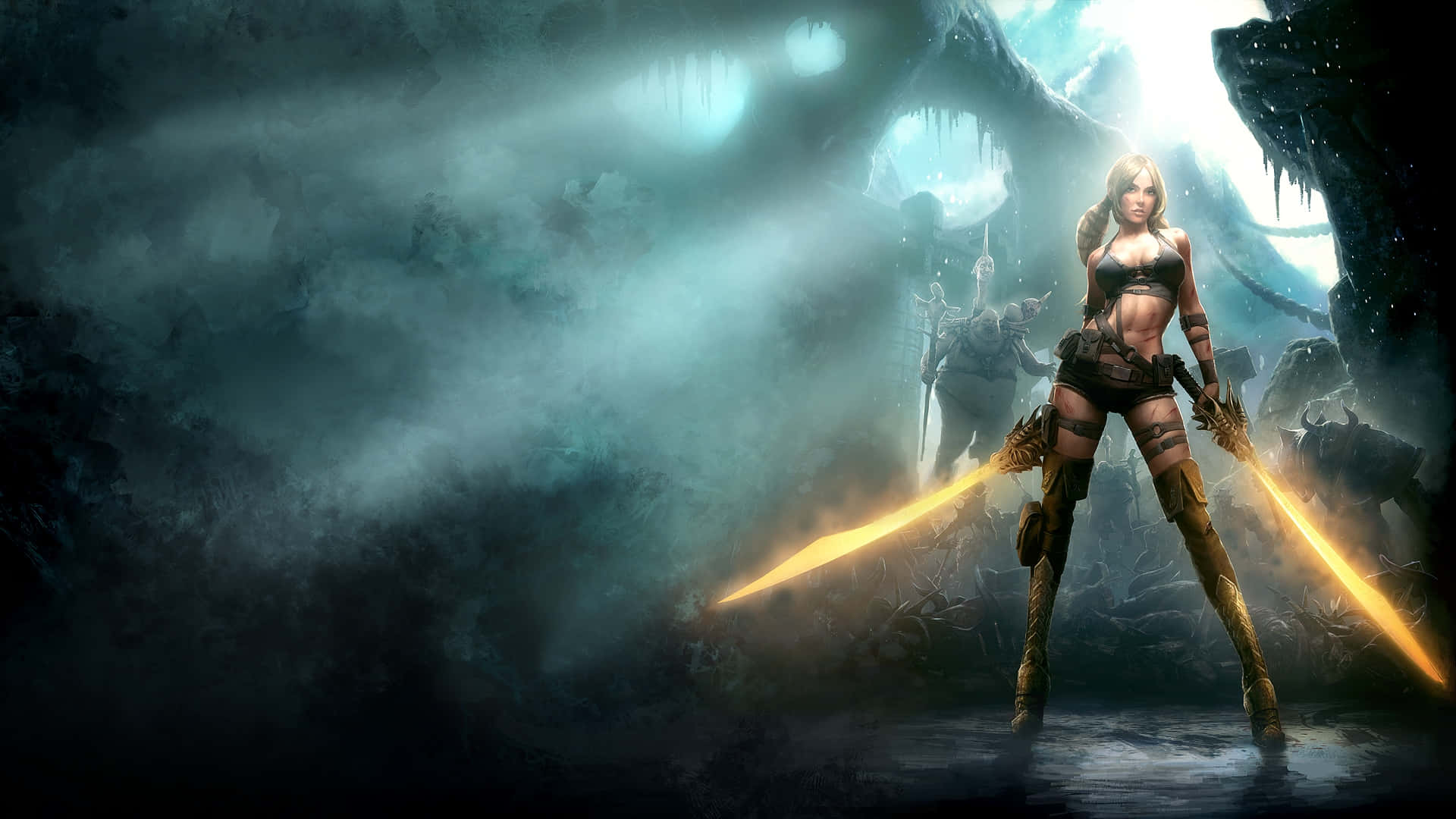 warrior woman, glowing swords, misty cavern, Full HD Desktop Wallpaper