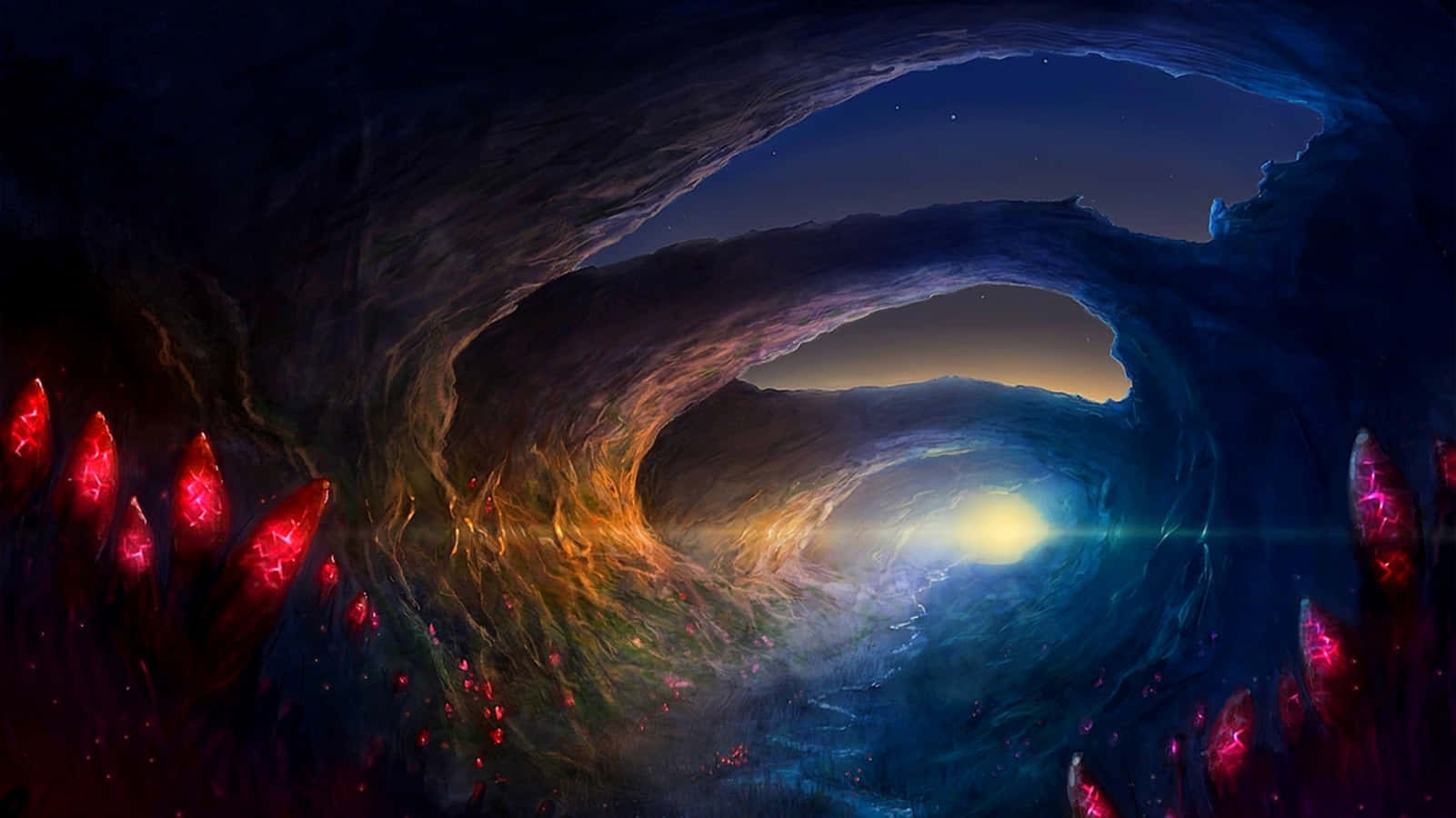 cosmic tunnel, alien rock, fiery orange light, HD Desktop Wallpaper