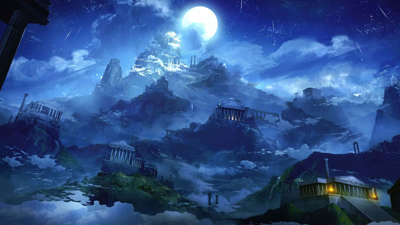 mystical moonlit ancient ruins, full moon, starry night sky, HD Desktop Wallpaper