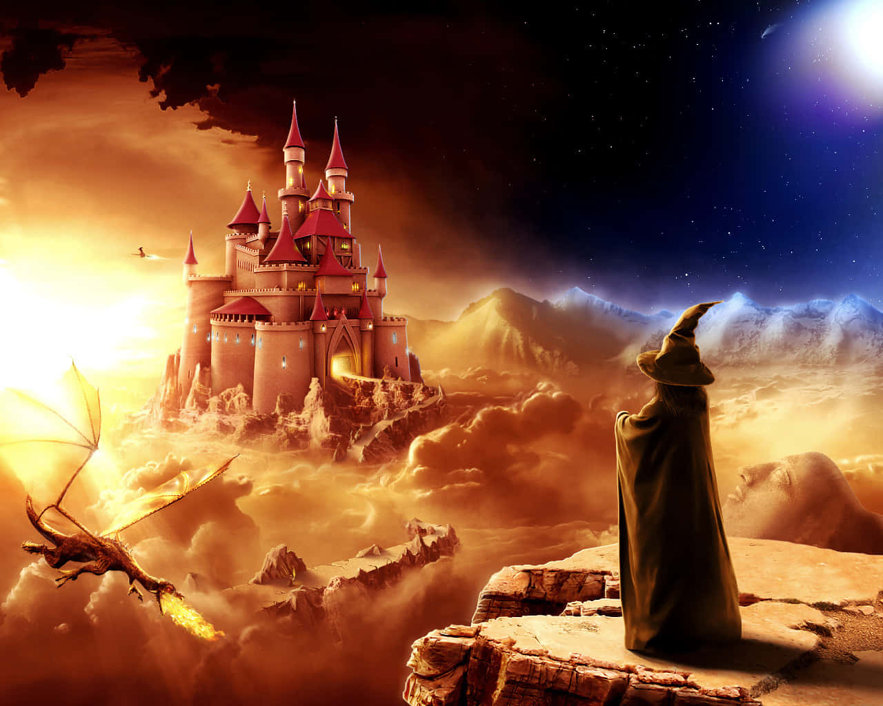enchanted castle, pointed hat, glowing castle, HD Desktop Wallpaper