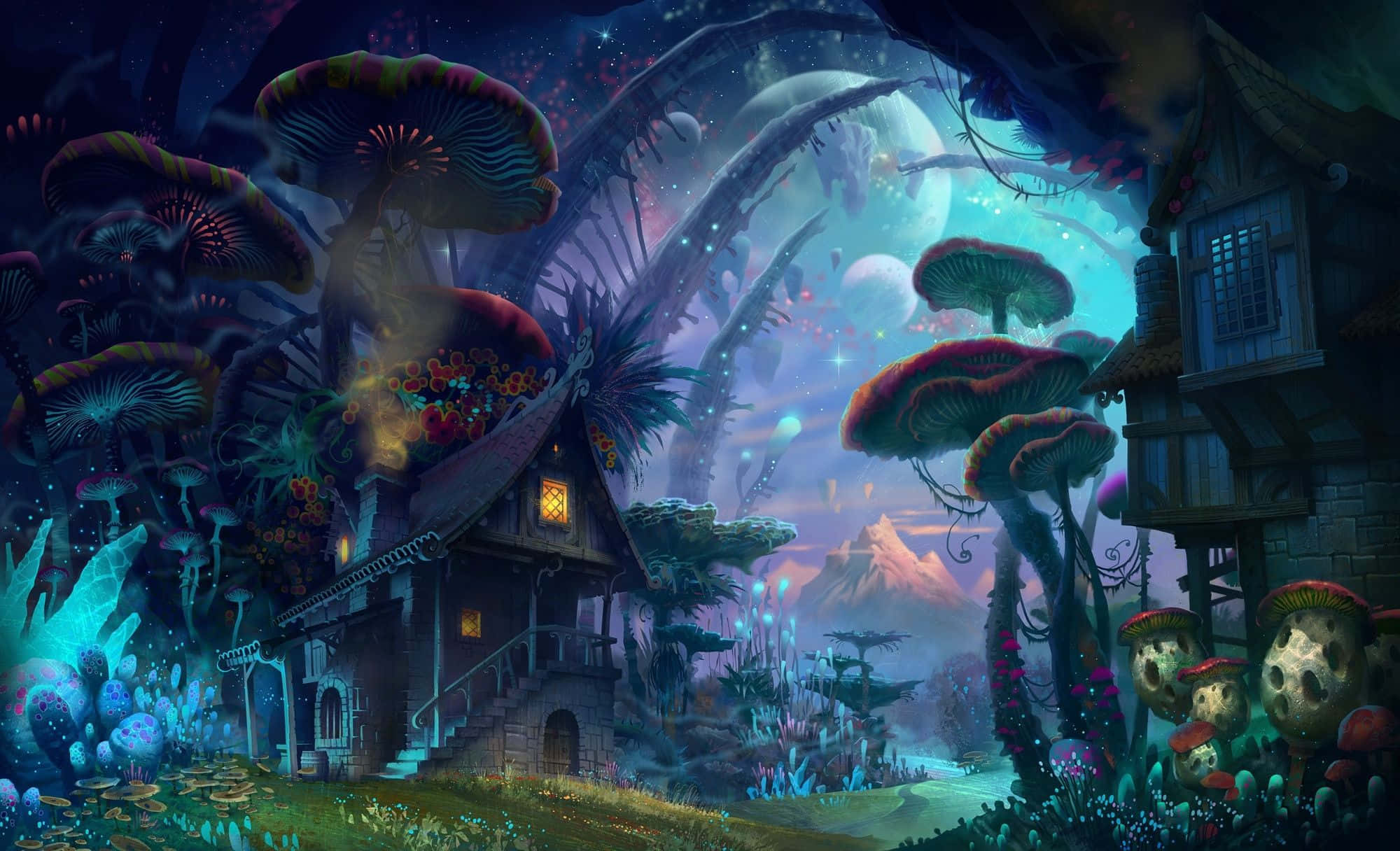 Fantasy World, whimsical fantasy cottage, giant glowing mushrooms, Full HD Desktop Wallpaper