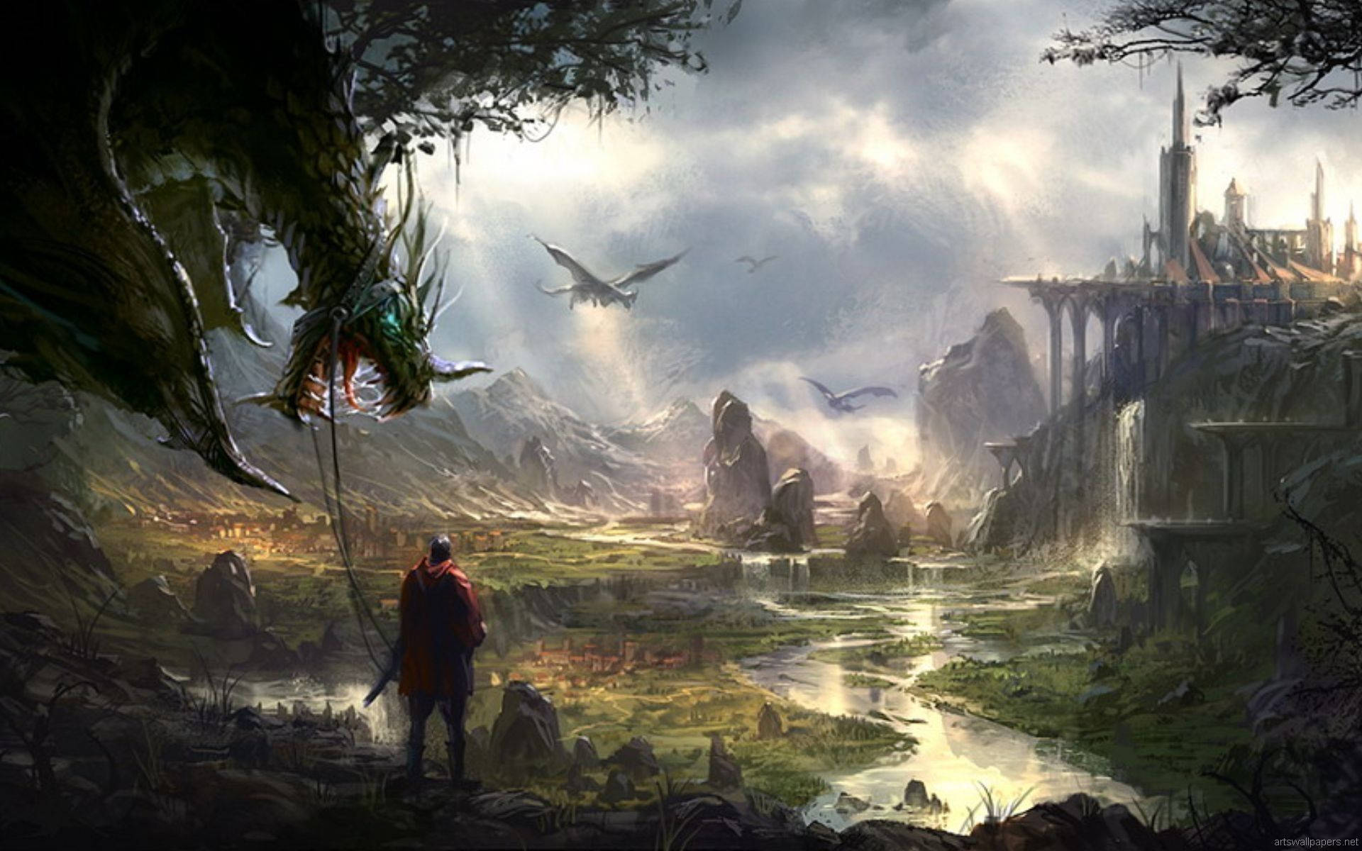 warrior, fantasy world, red cloak, Full HD Desktop Wallpaper