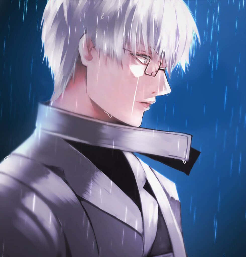 urban fantasy, silver-haired anime man, glasses, SD Phone Wallpaper