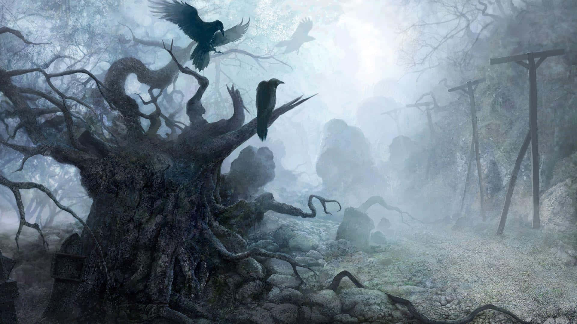 3D fantasy world, misty forest, gnarled ancient tree, Full HD Desktop Wallpaper