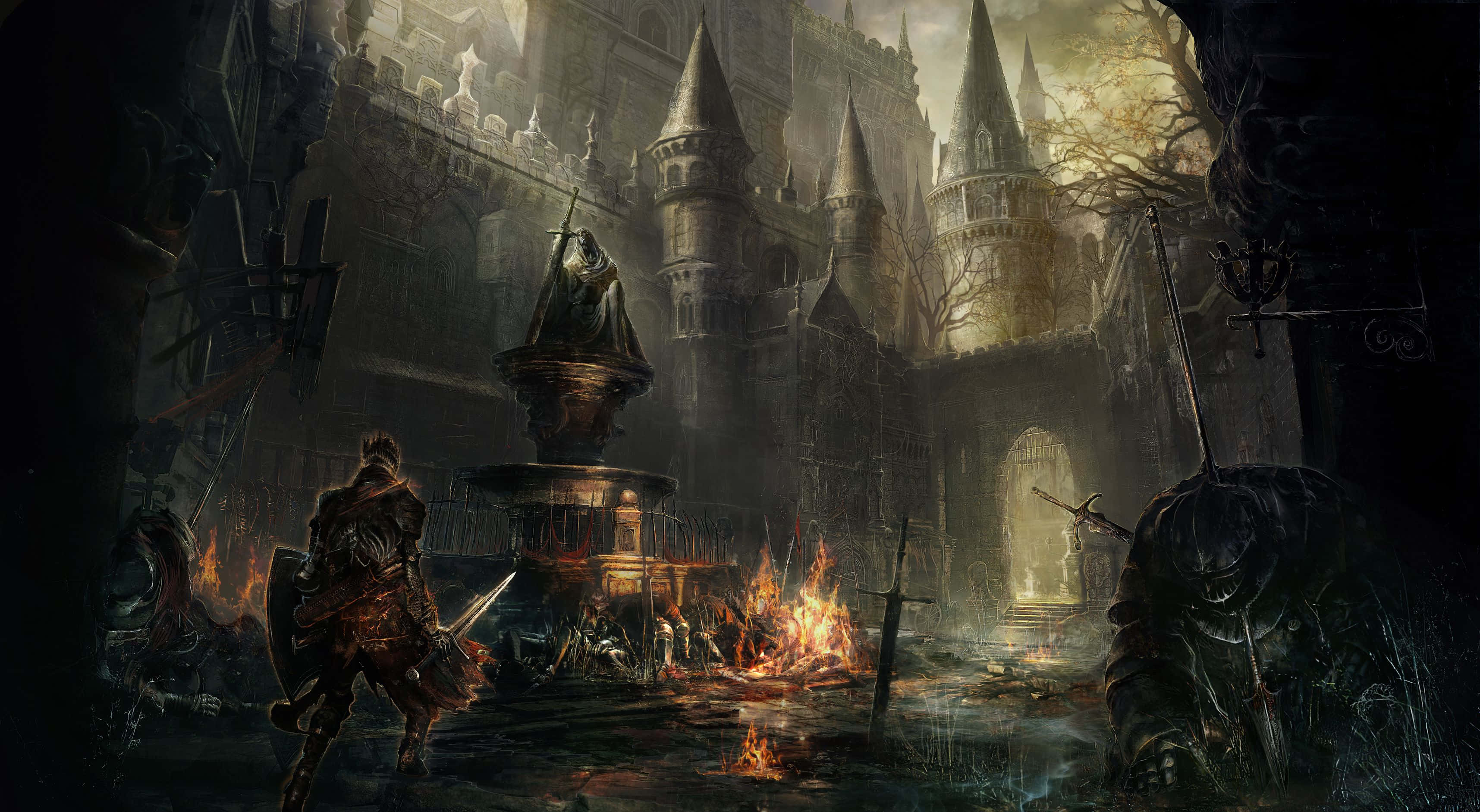 lone knight, gothic castle, flames, 2K Desktop Wallpaper