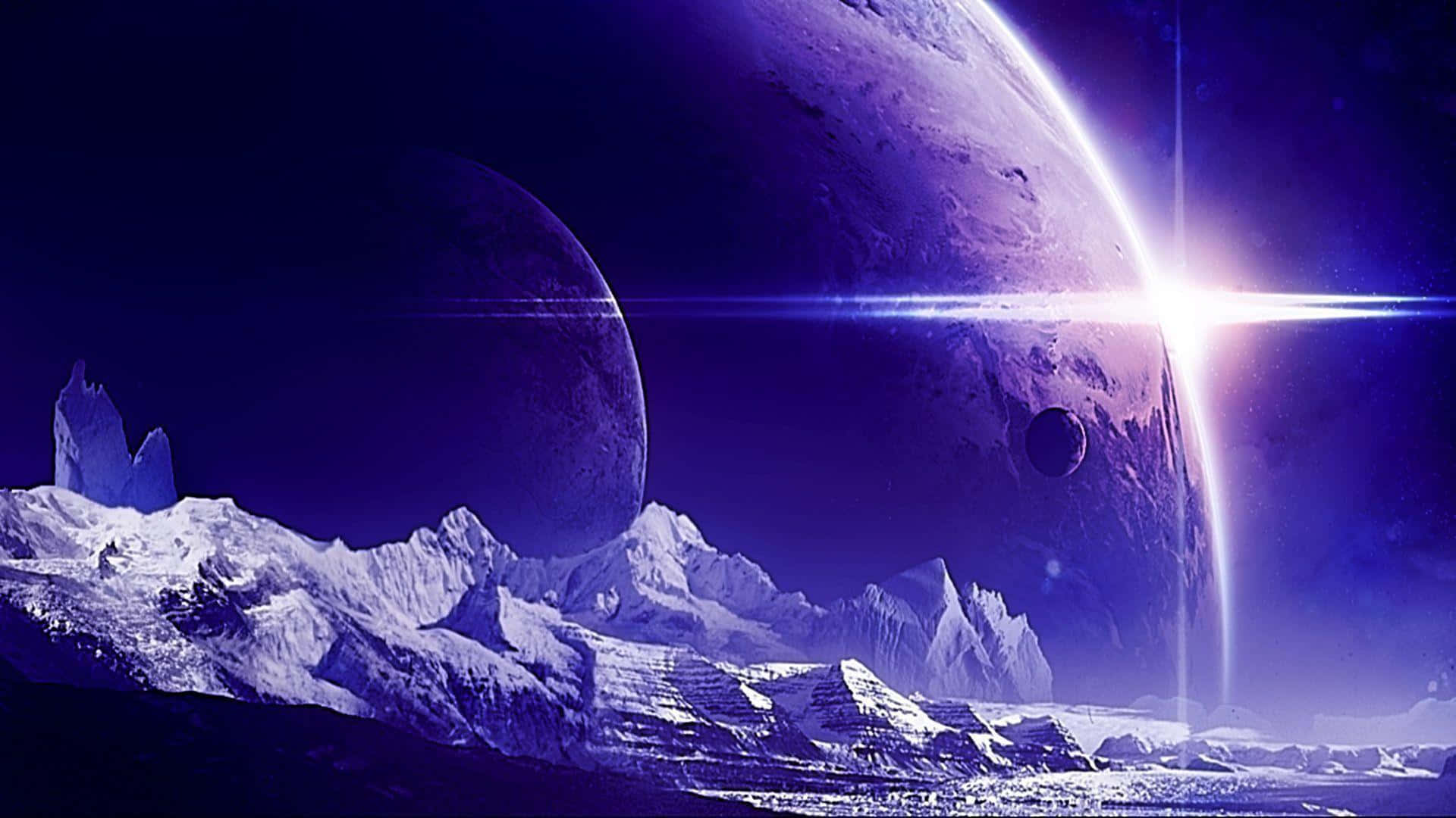 Fantasy Space, glowing purple planet, snowy alien mountain range, Full HD Desktop Wallpaper