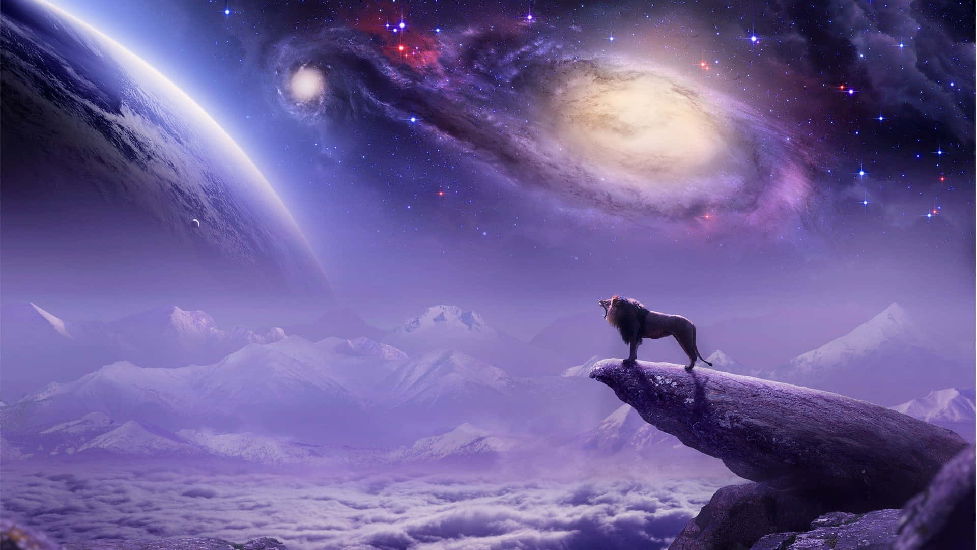 Fantasy Space, lion, snowy cliff, Full HD Desktop Wallpaper