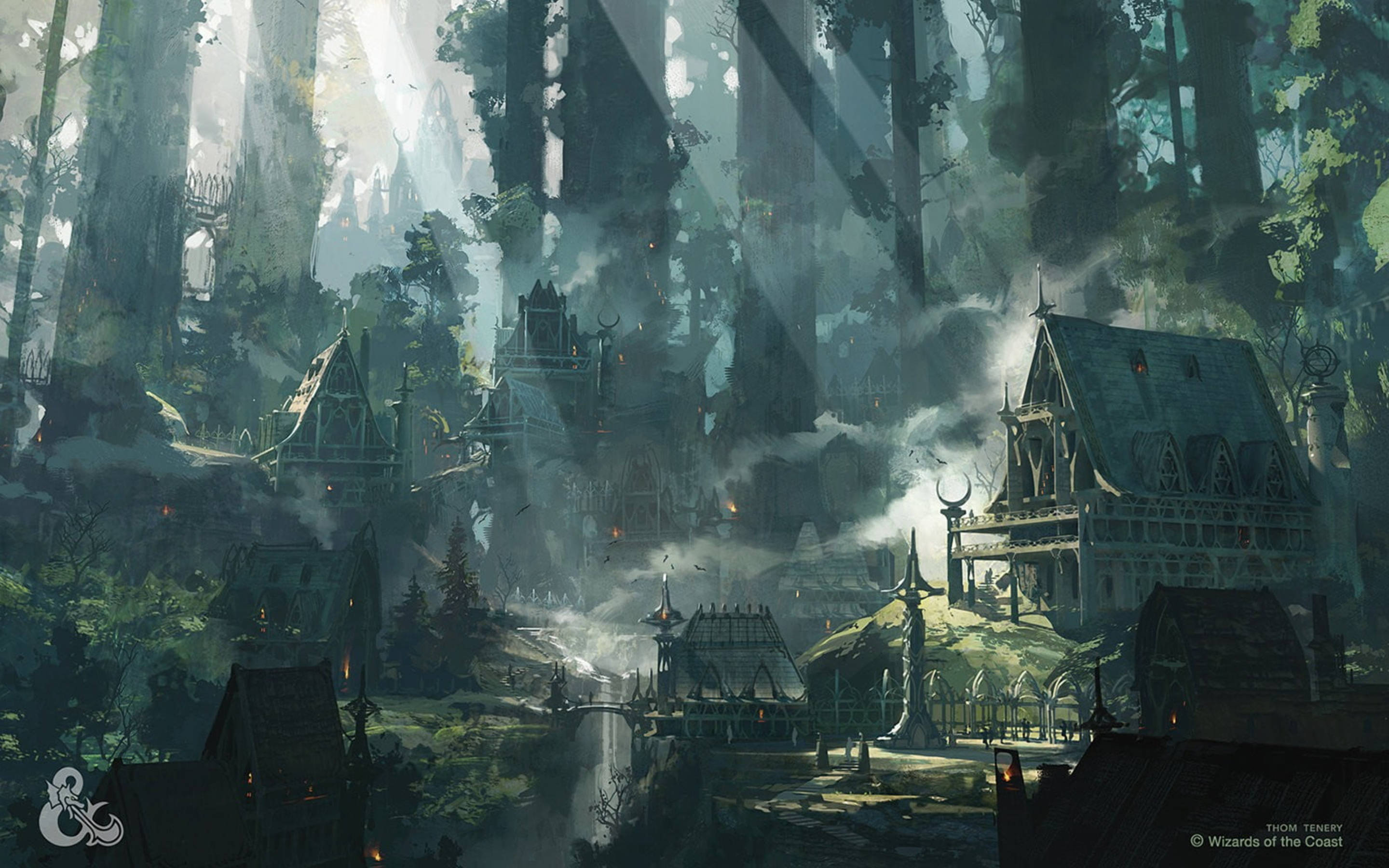 misty forest, ancient ruins, gothic cottages, 2K Desktop Wallpaper
