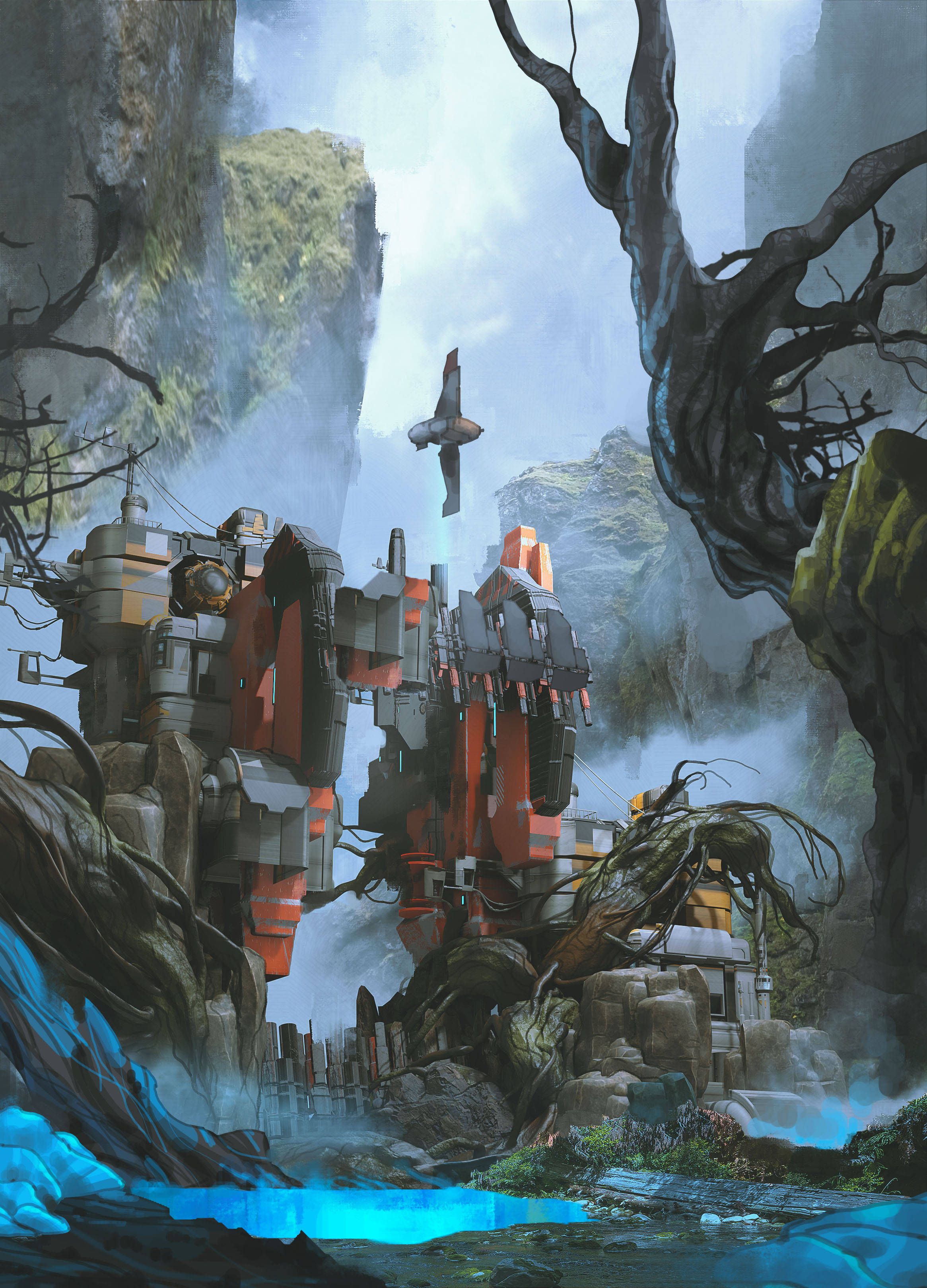 fantasy futuristic station, rusted mech, misty canyon, 2K Phone Wallpaper
