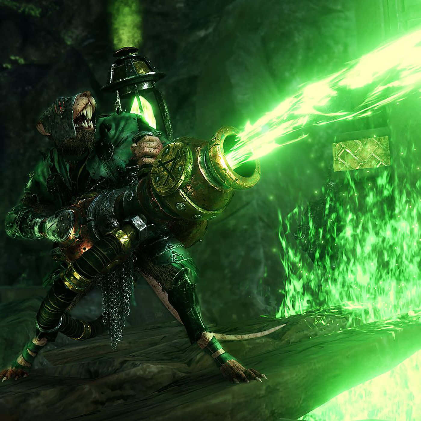 fierce rat warrior, dark armor, glowing green energy cannon, HD Desktop Wallpaper