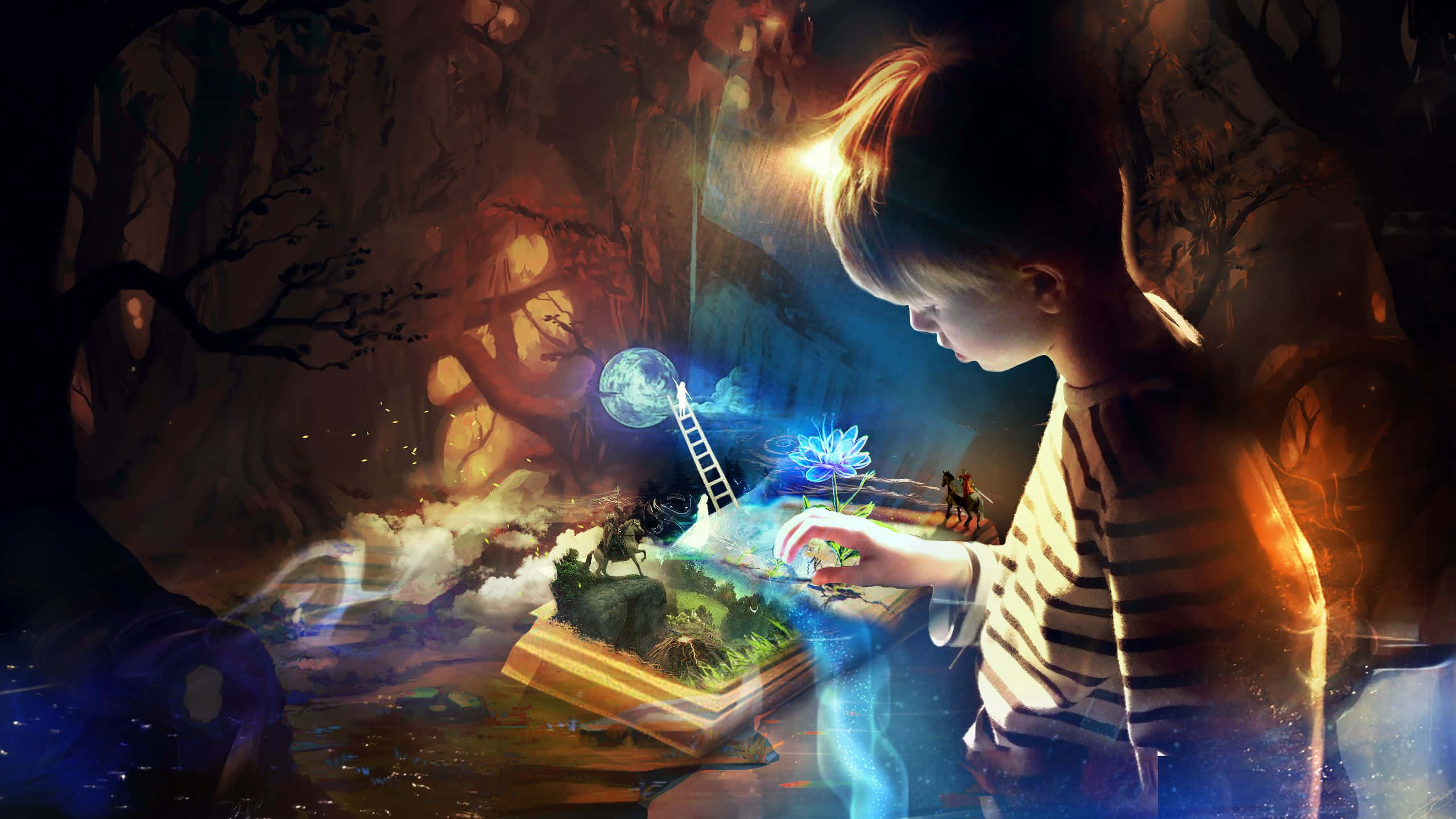 child, striped shirt, glowing book, 2K Desktop Wallpaper