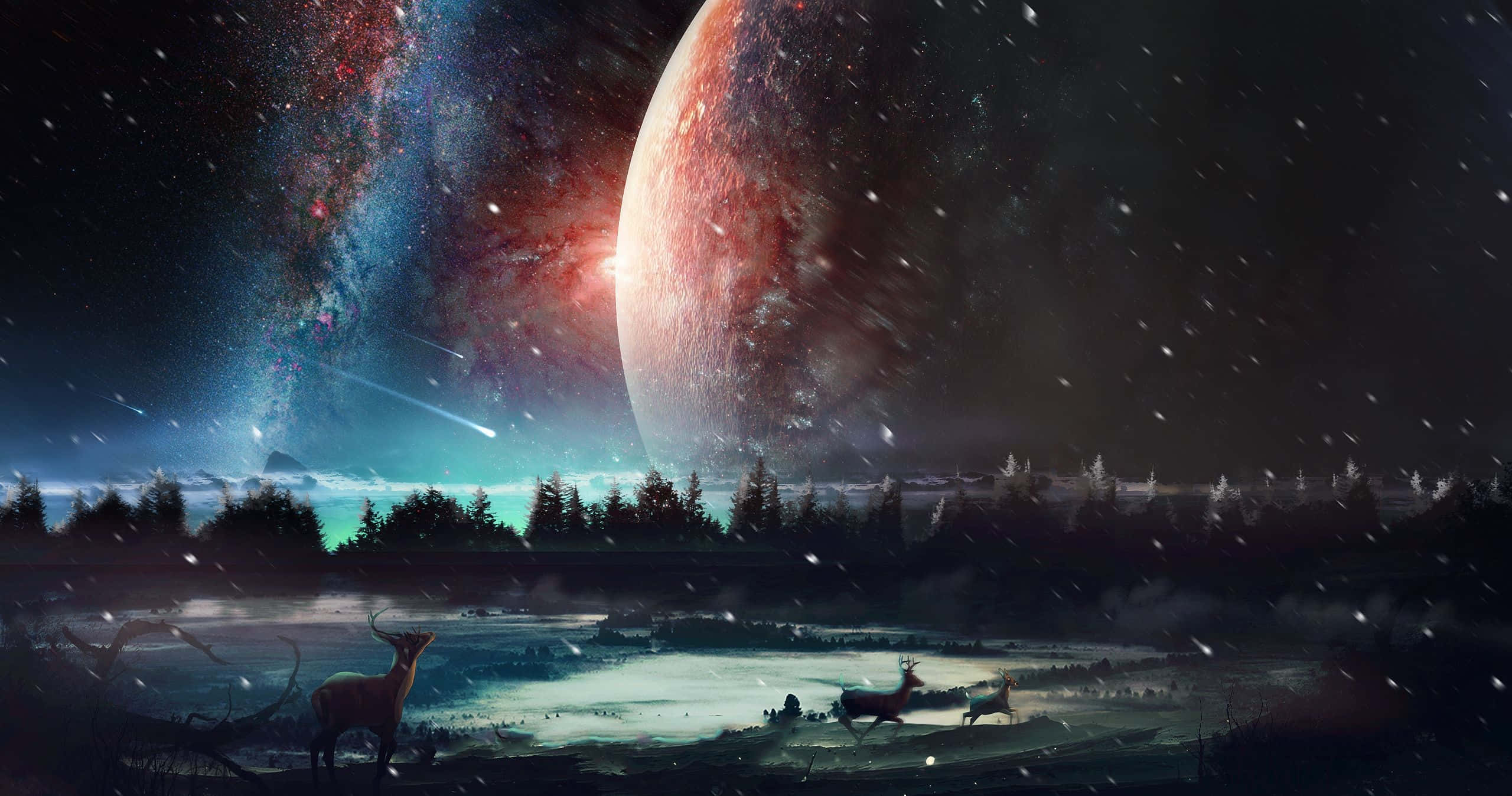 Fantasy Space, cosmic winter forest, colossal planet, 2K Desktop Wallpaper