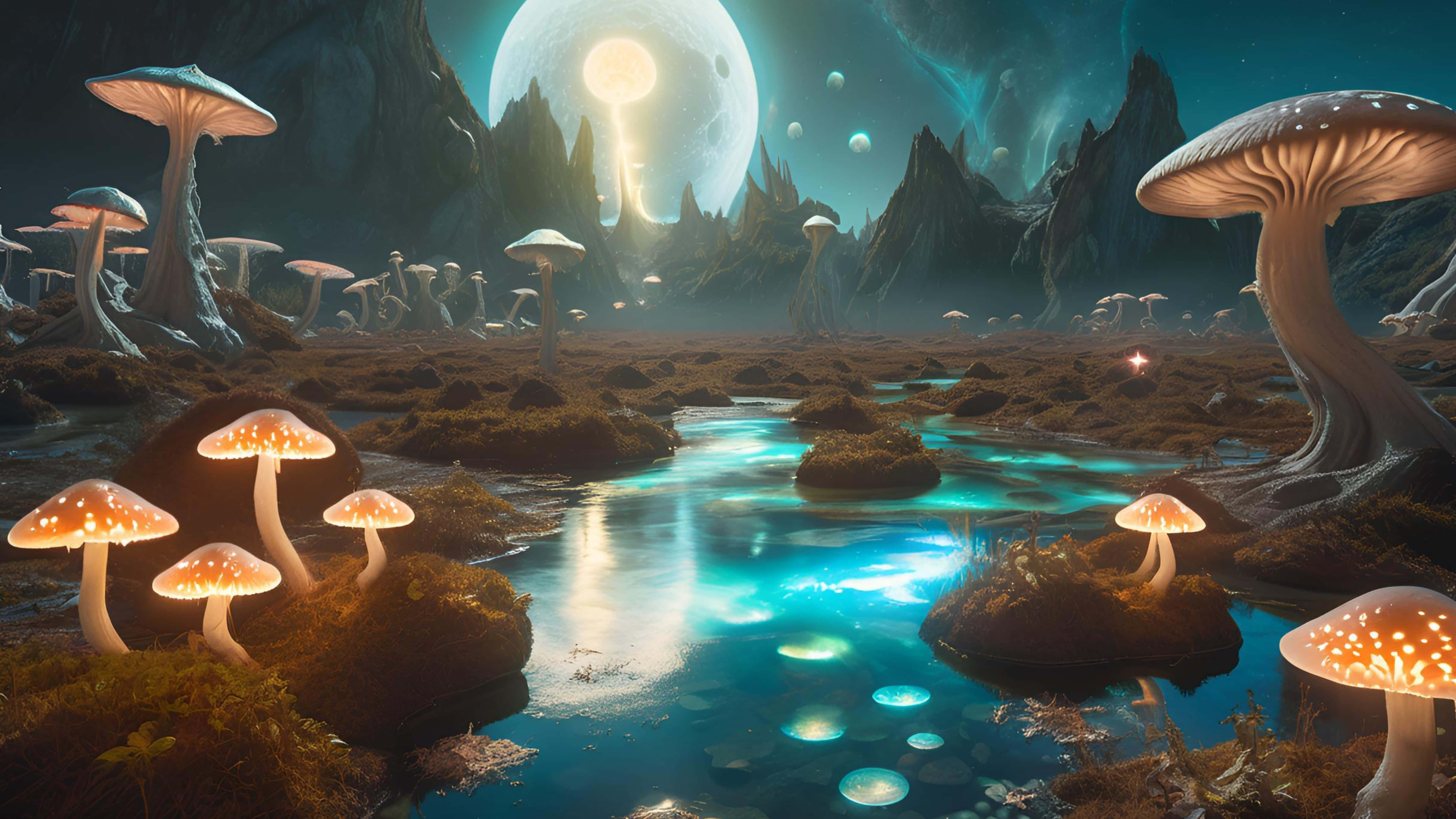 surreal bioluminescent landscape, twin moons, glowing mushrooms, 5K Desktop Wallpaper