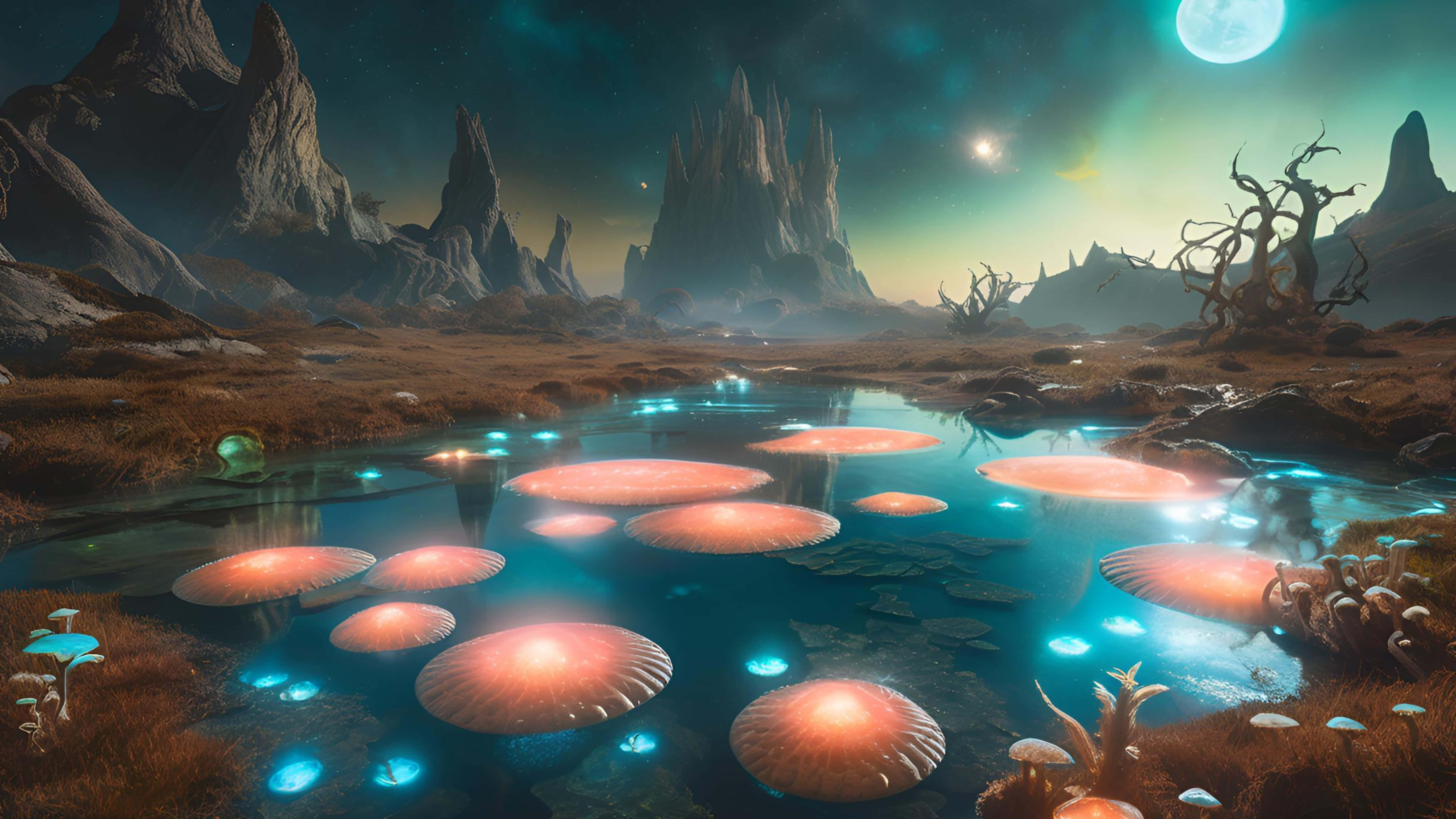 surreal bioluminescent landscape, twin moons, glowing coral-like mushrooms, 5K Desktop Wallpaper