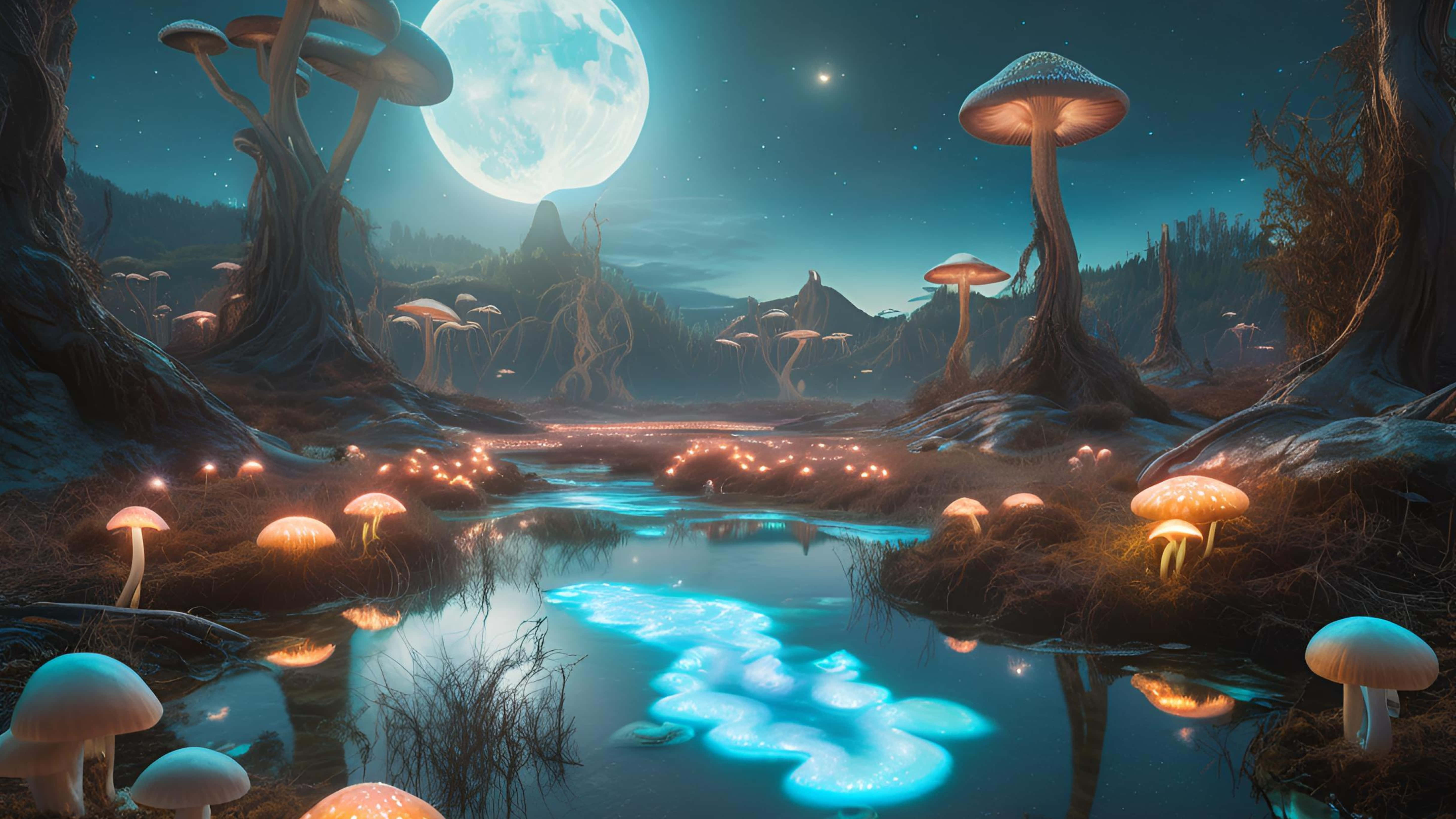 surreal bioluminescent landscape, twin moons, glowing blue river, 5K Desktop Wallpaper