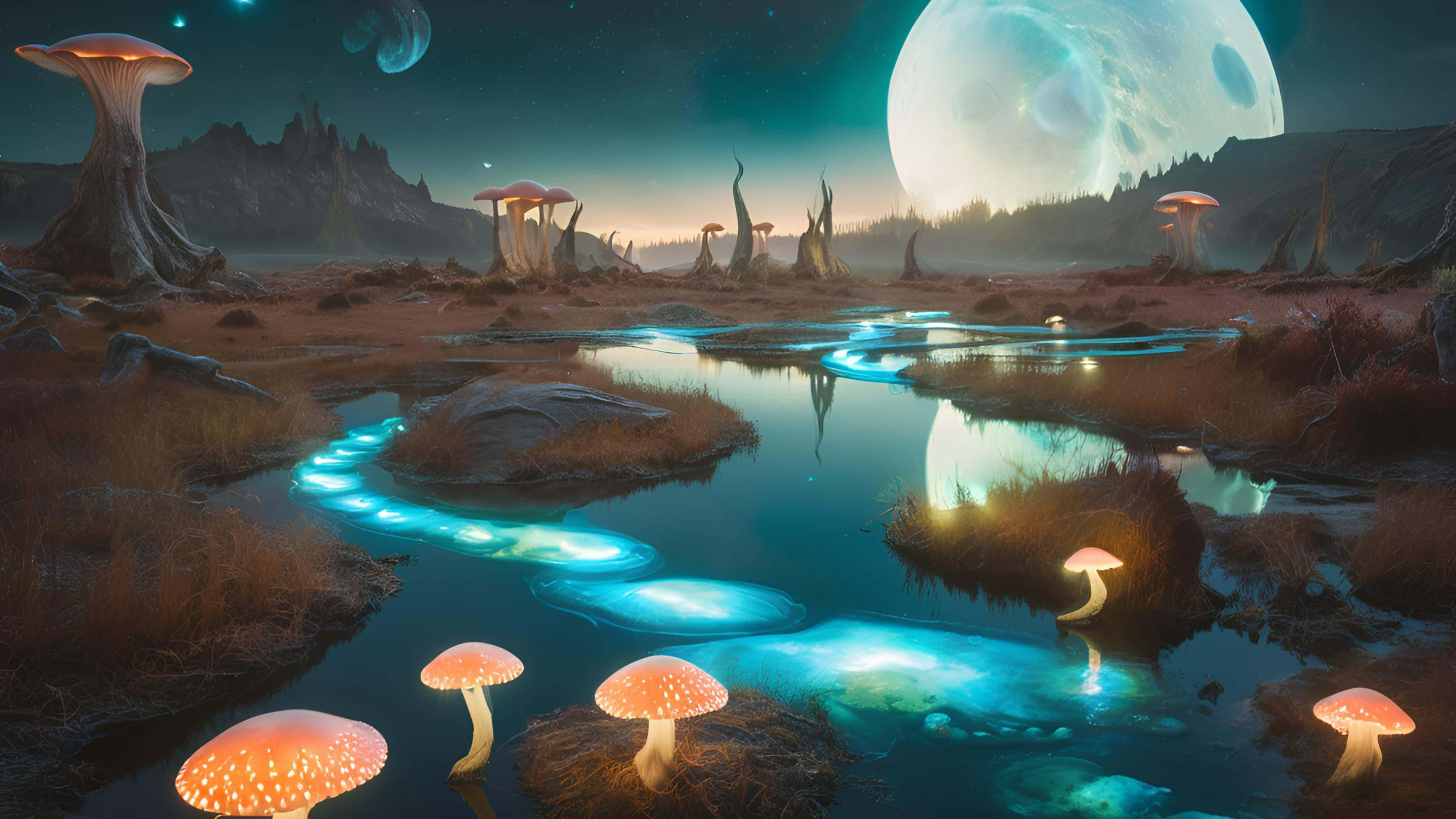 surreal bioluminescent landscape, twin moons, glowing blue waterways, 5K Desktop Wallpaper