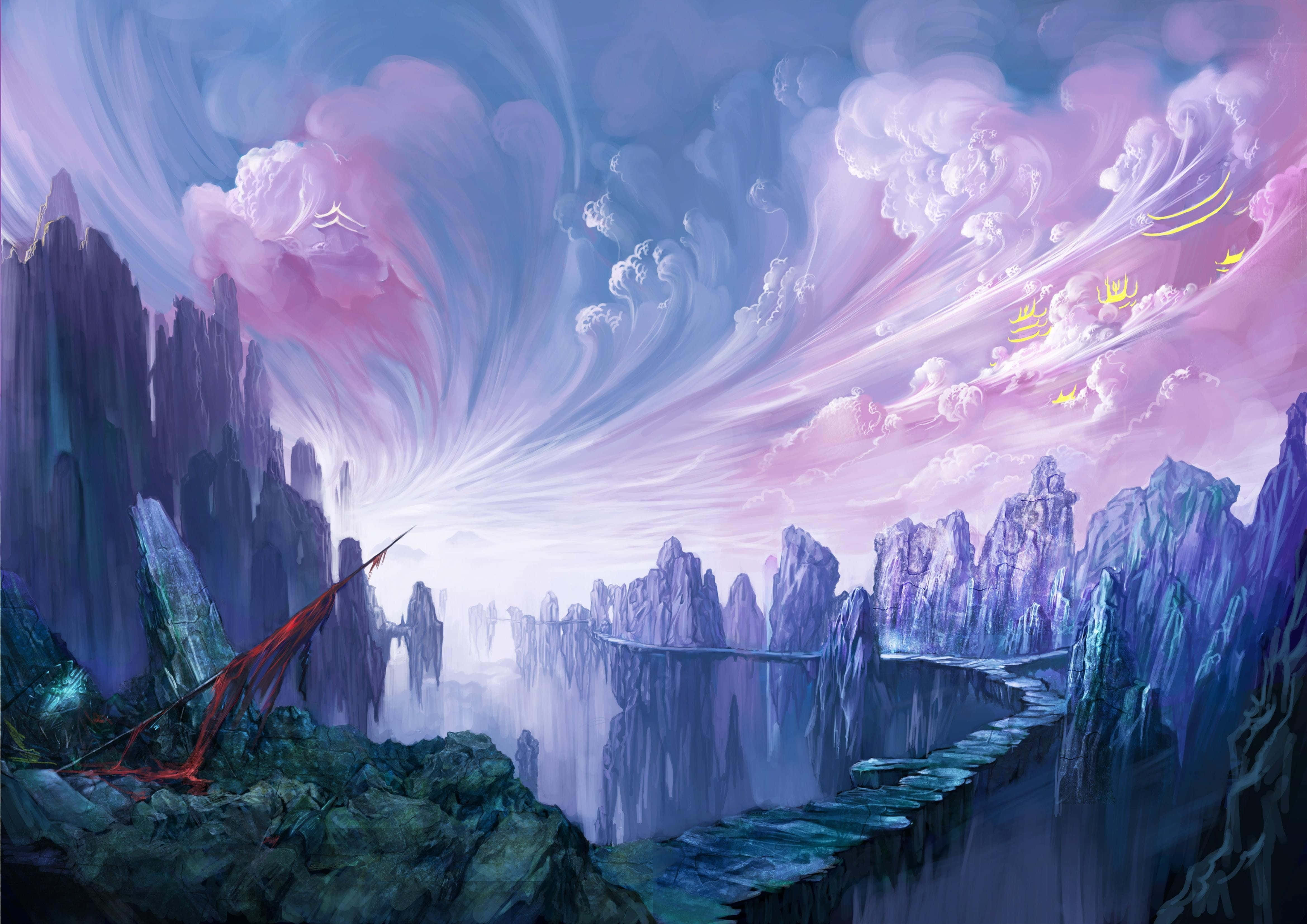 magic castle, surreal fantasy landscape, jagged purple mountains, 4K Desktop Wallpaper