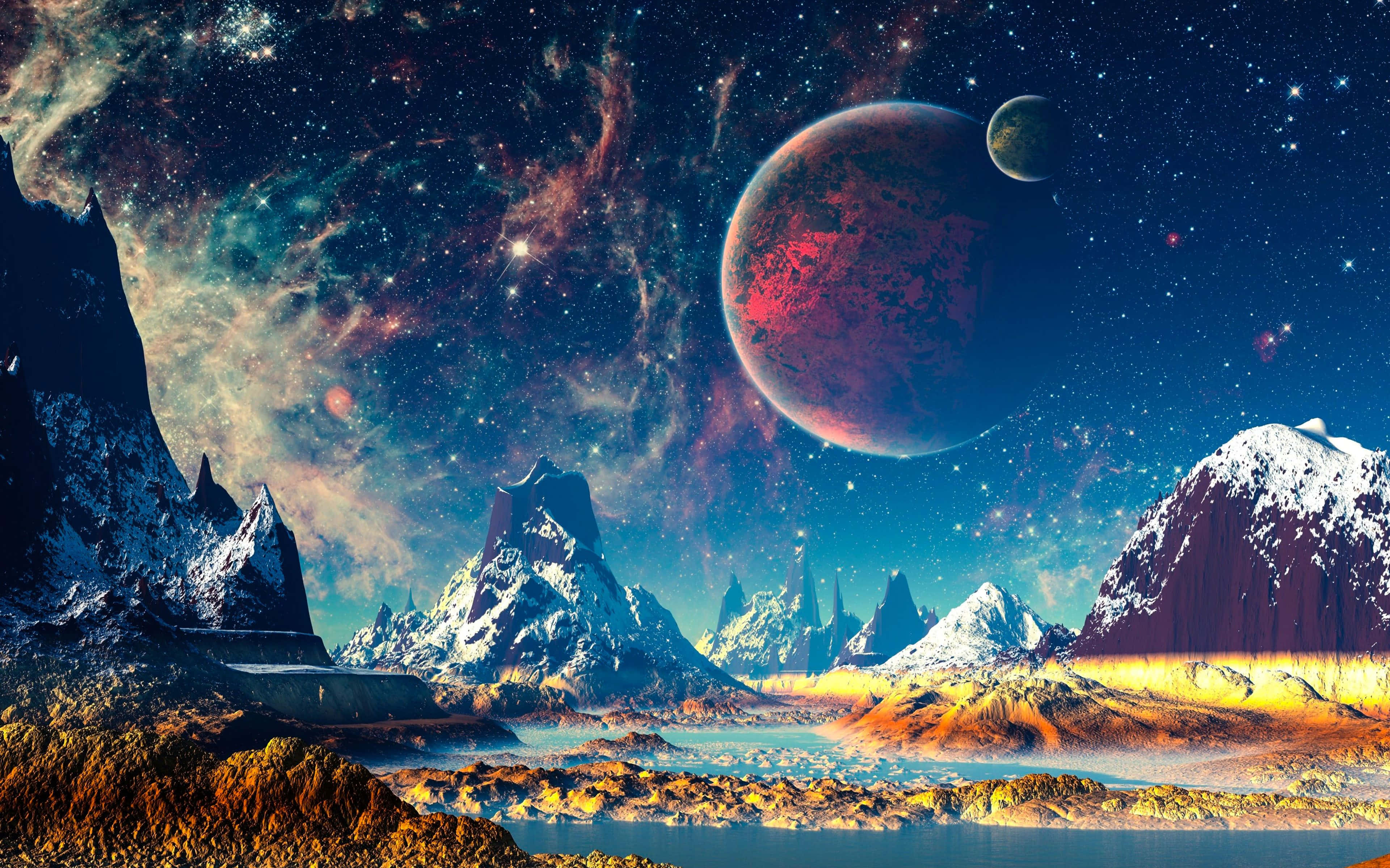 fantasy exoplanet landscape, snowcapped alien mountains, starry sky, 4K Desktop Wallpaper