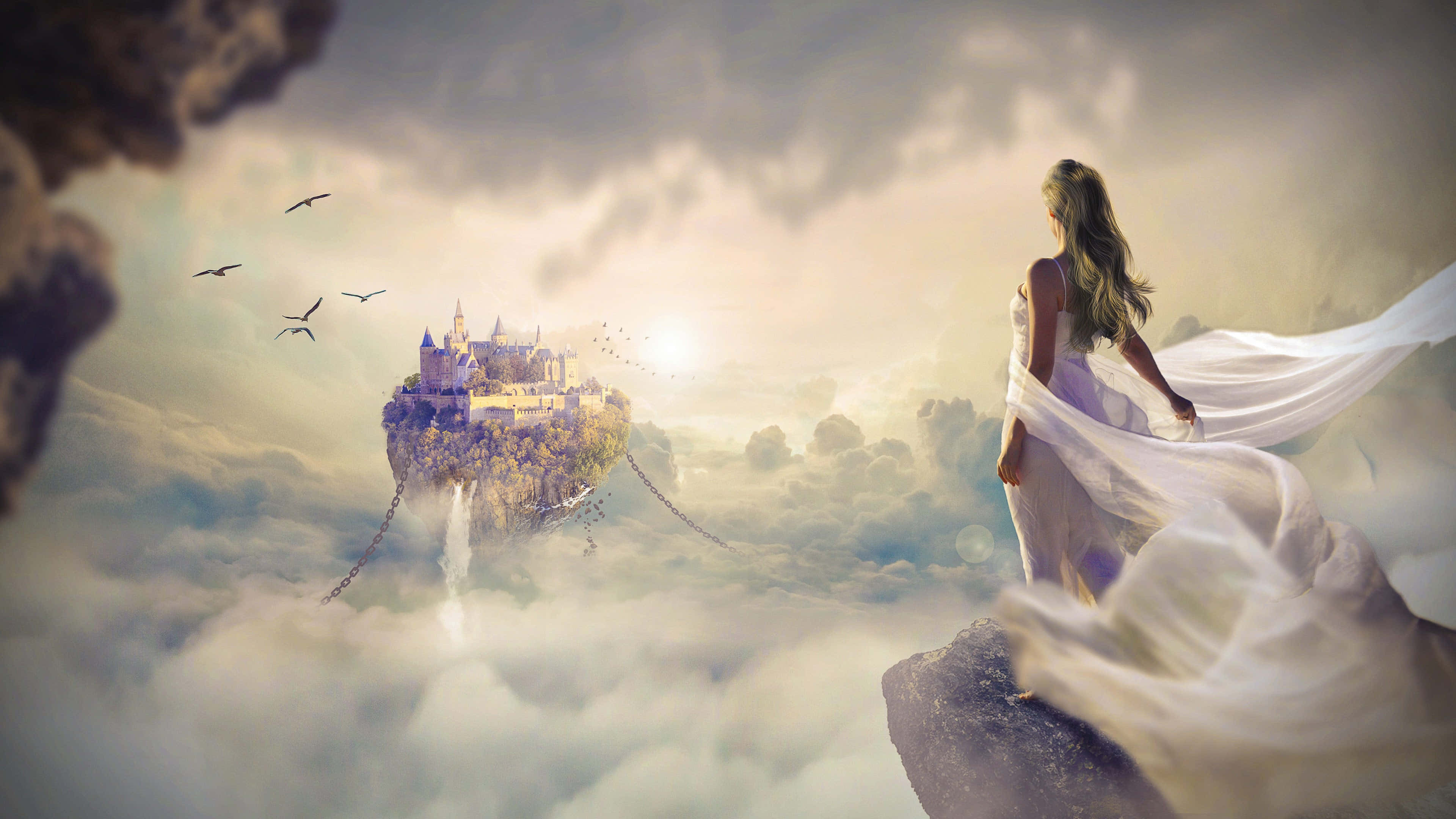 mystical castle in the sky, floating castle, cliff, 4K Desktop Wallpaper