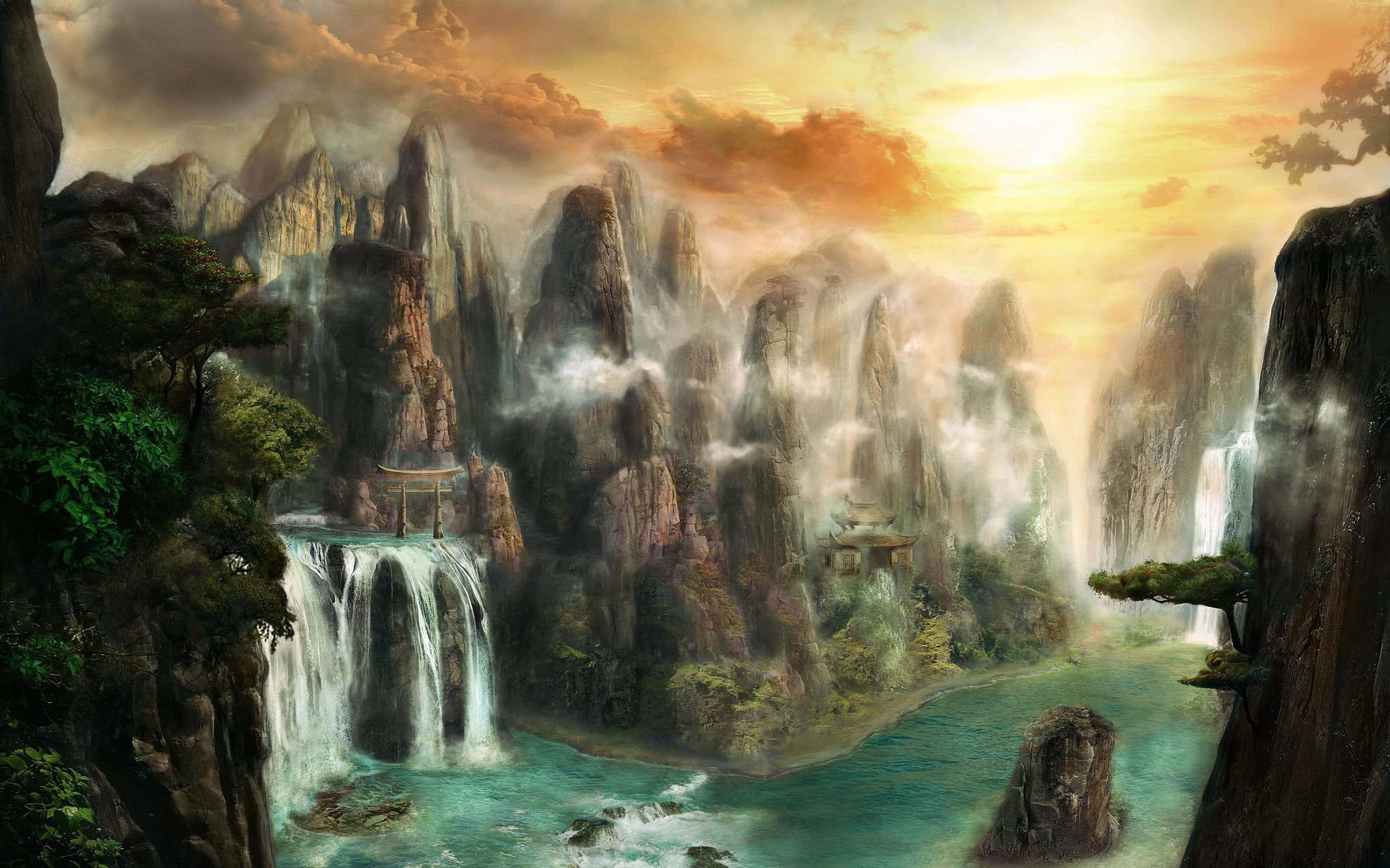 mystical fantasy world, golden sunset light, mountain valley, 2K Desktop Wallpaper