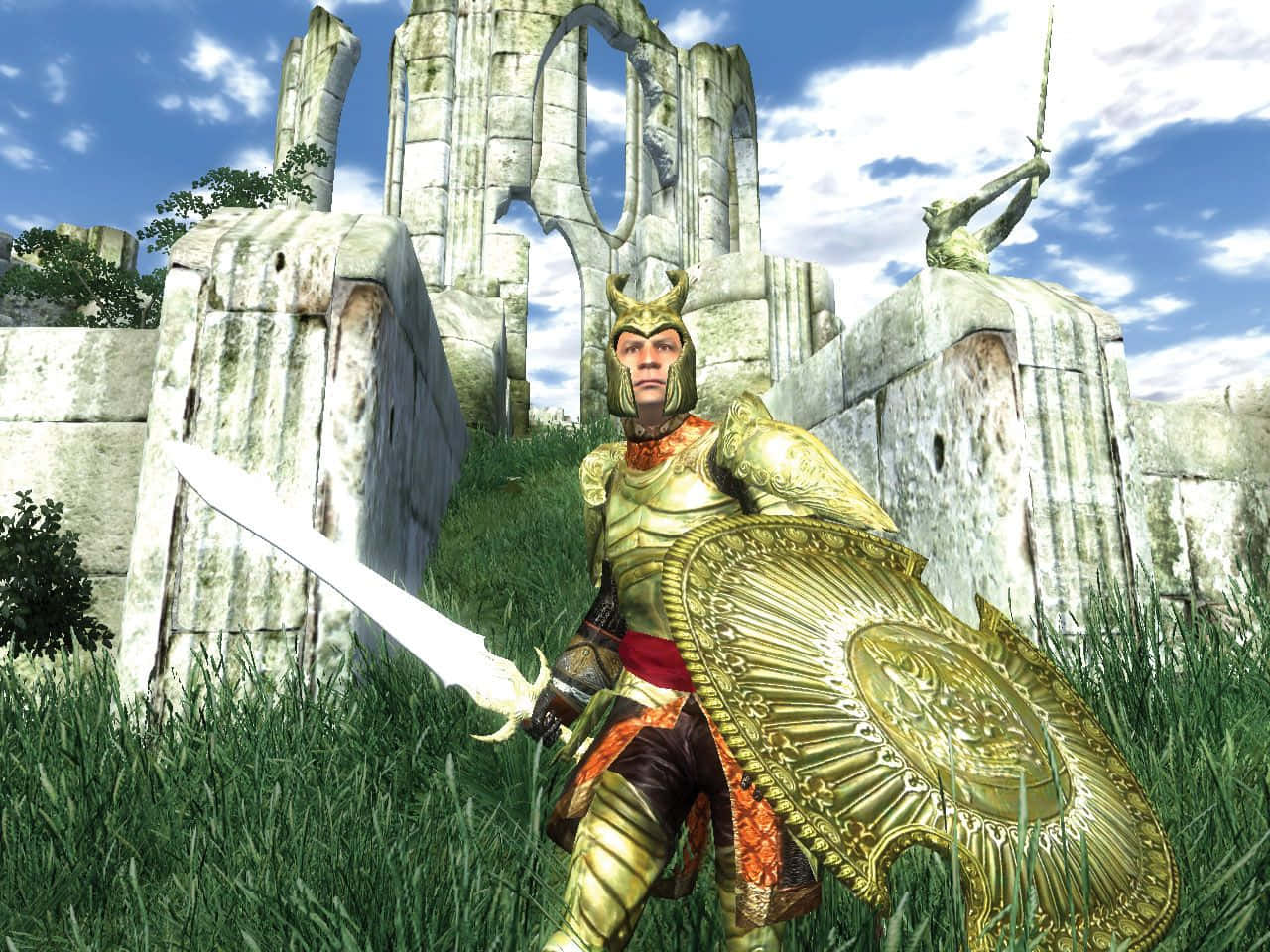 golden-armored knight, ancient stone ruins, tall grass, HD Desktop Wallpaper