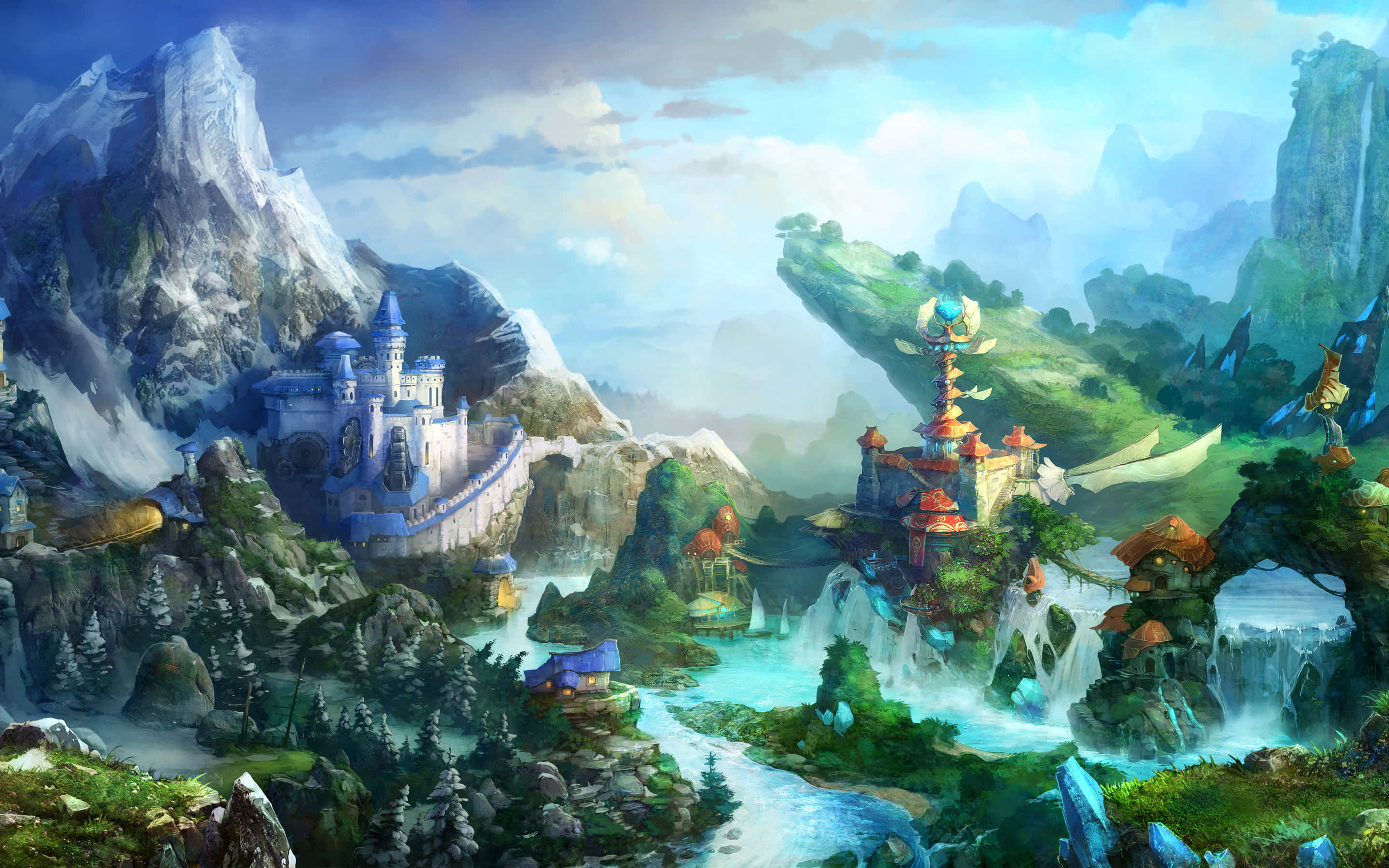 enchanted valley castle, fantasy landscape, blue castle, 2K Desktop Wallpaper