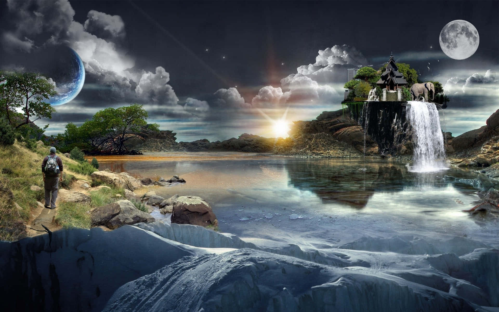 mystical emerald forest, floating island, twilight sky, Full HD Desktop Wallpaper