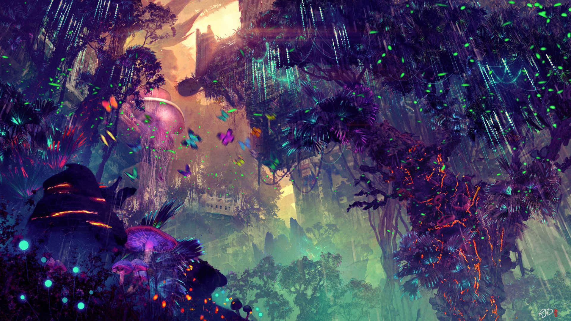 enchanted forest, glowing neon flora, floating jellyfish, Full HD Desktop Wallpaper