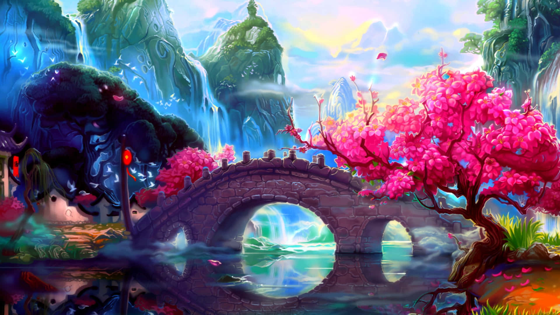 enchanted waterfall garden, stone bridge, glowing water, Full HD Desktop Wallpaper