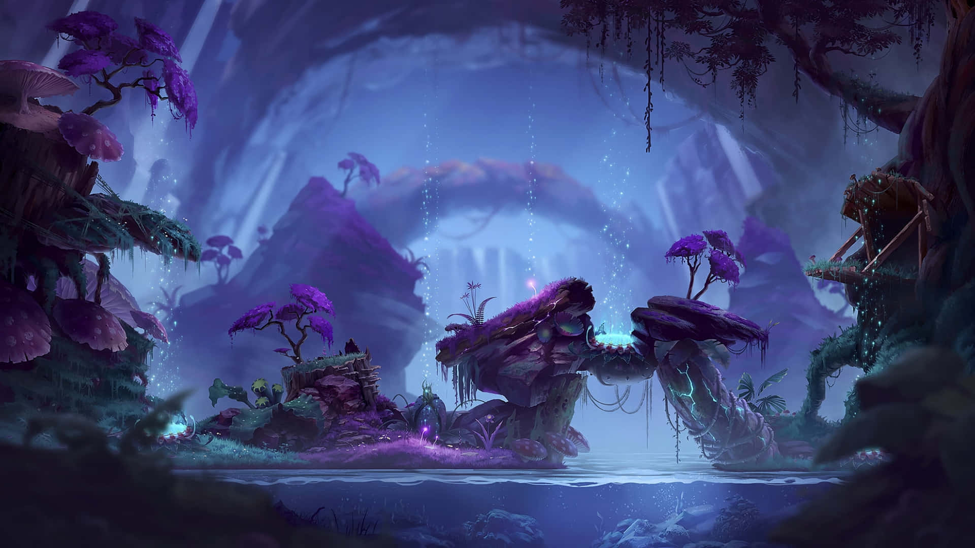 enchanted forest glade, mystical purple cavern, glowing fungi, Full HD Desktop Wallpaper
