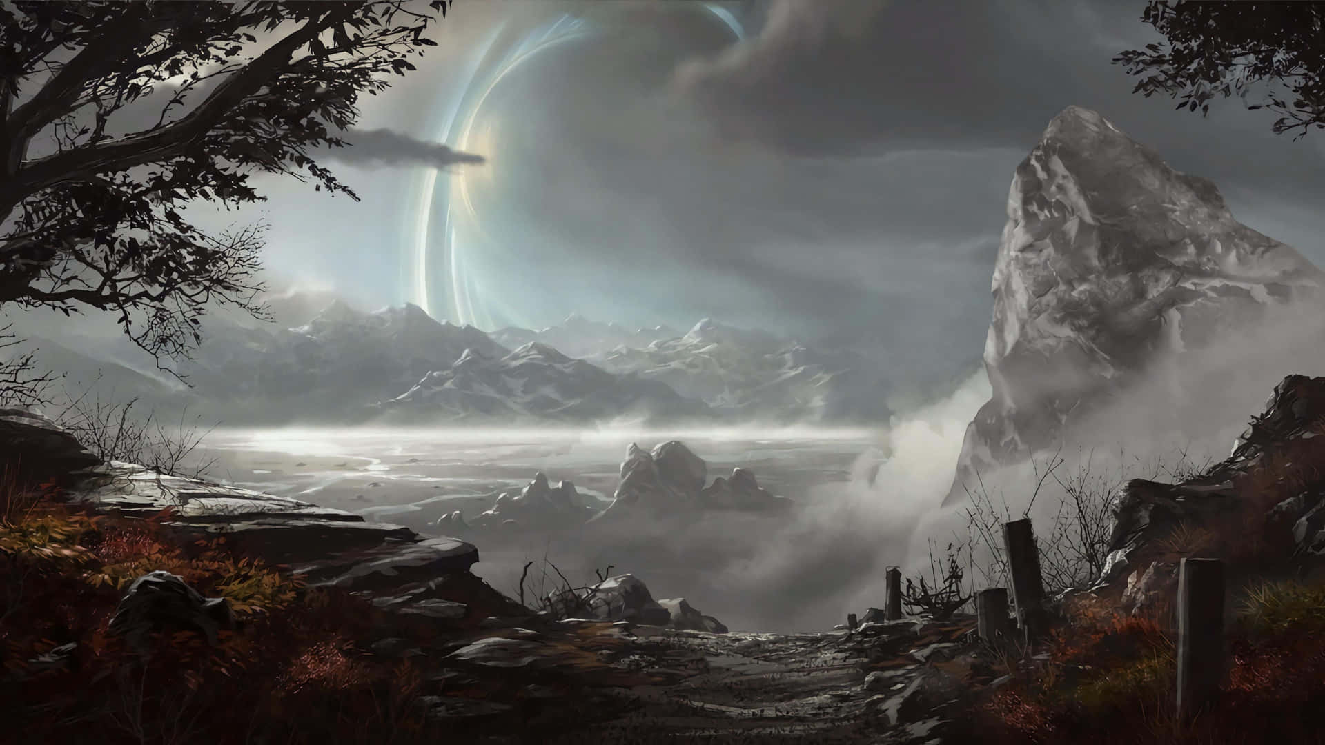 mystical mountain portal landscape, colossal ringed planet, misty mountain valley, Full HD Desktop Wallpaper