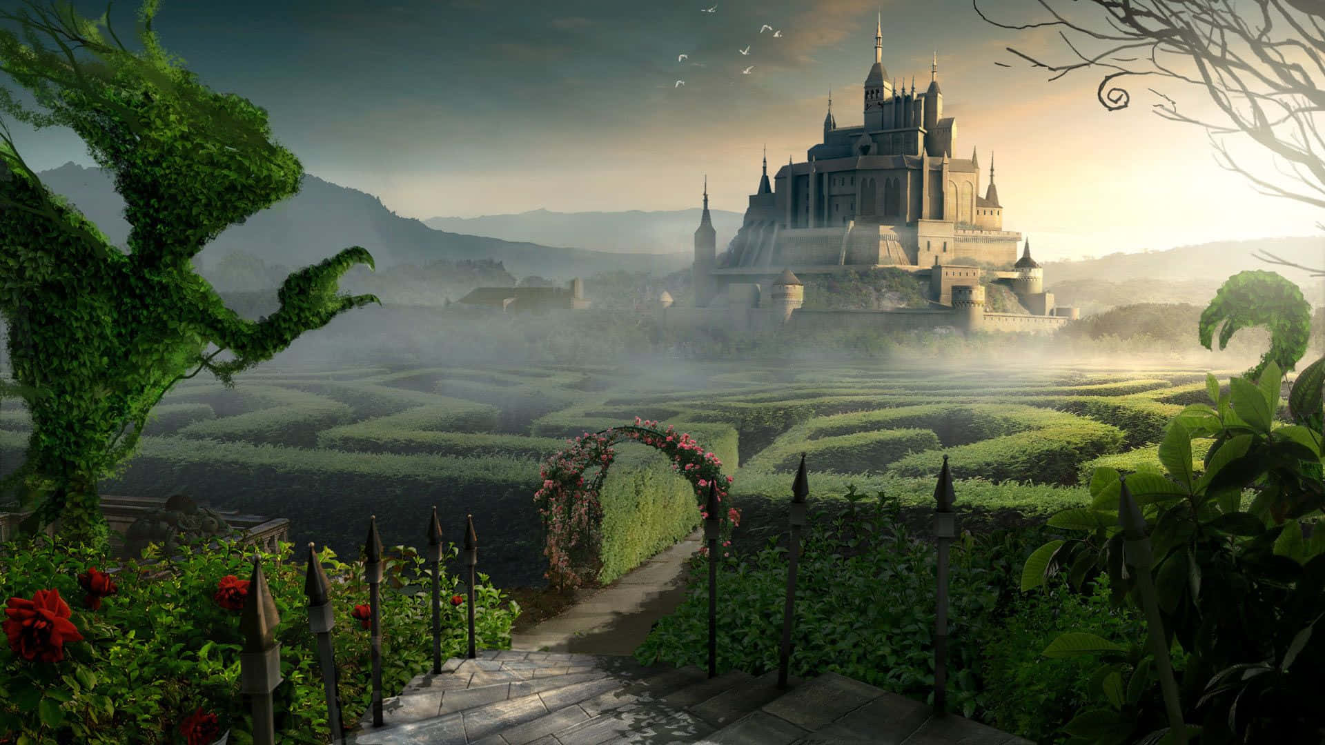 enchanted castle, garden path, hedge maze, Full HD Desktop Wallpaper