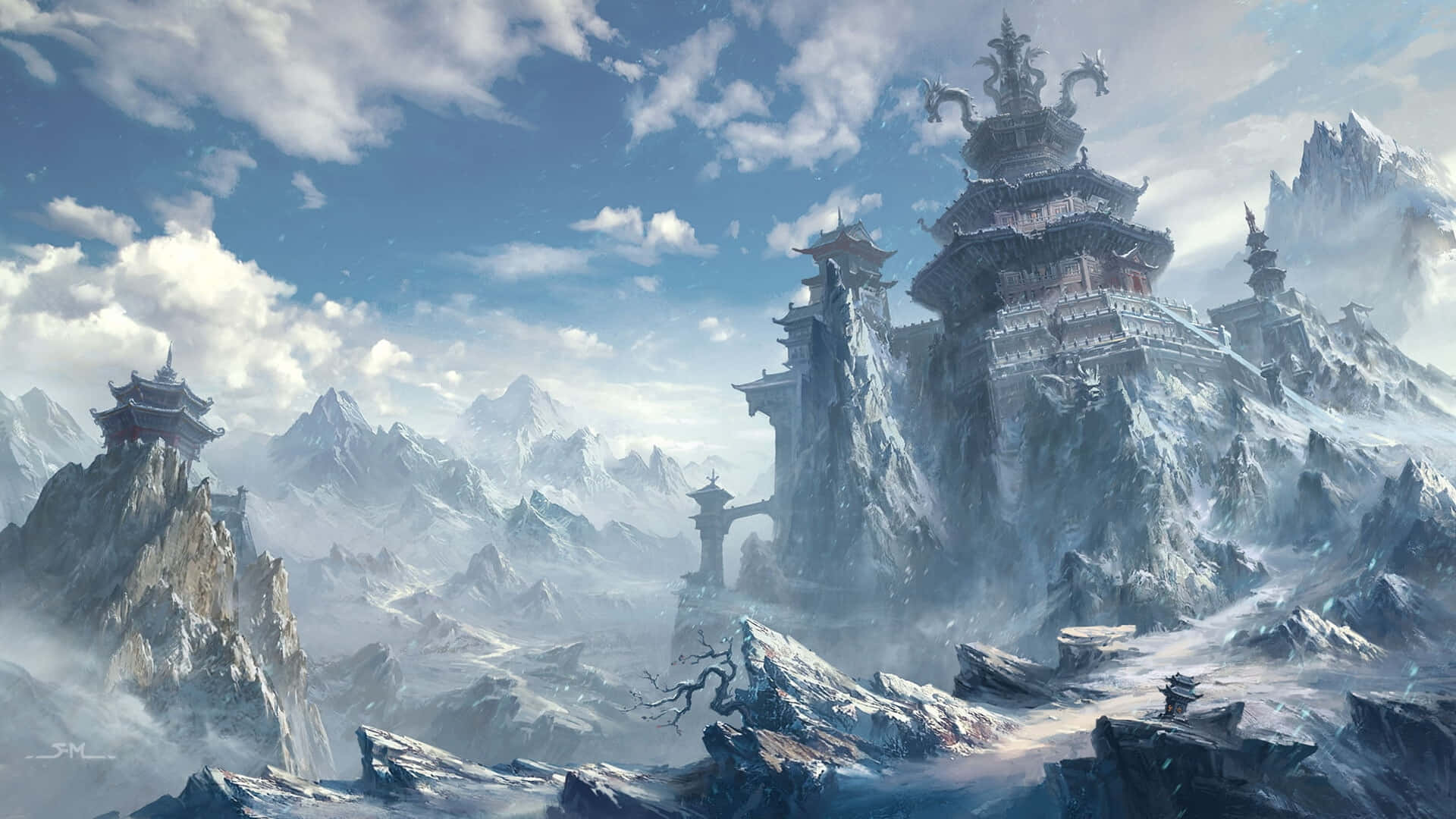 mystic mountain temple, snow-covered mountain fortress, traditional East Asian architecture, Full HD Desktop Wallpaper