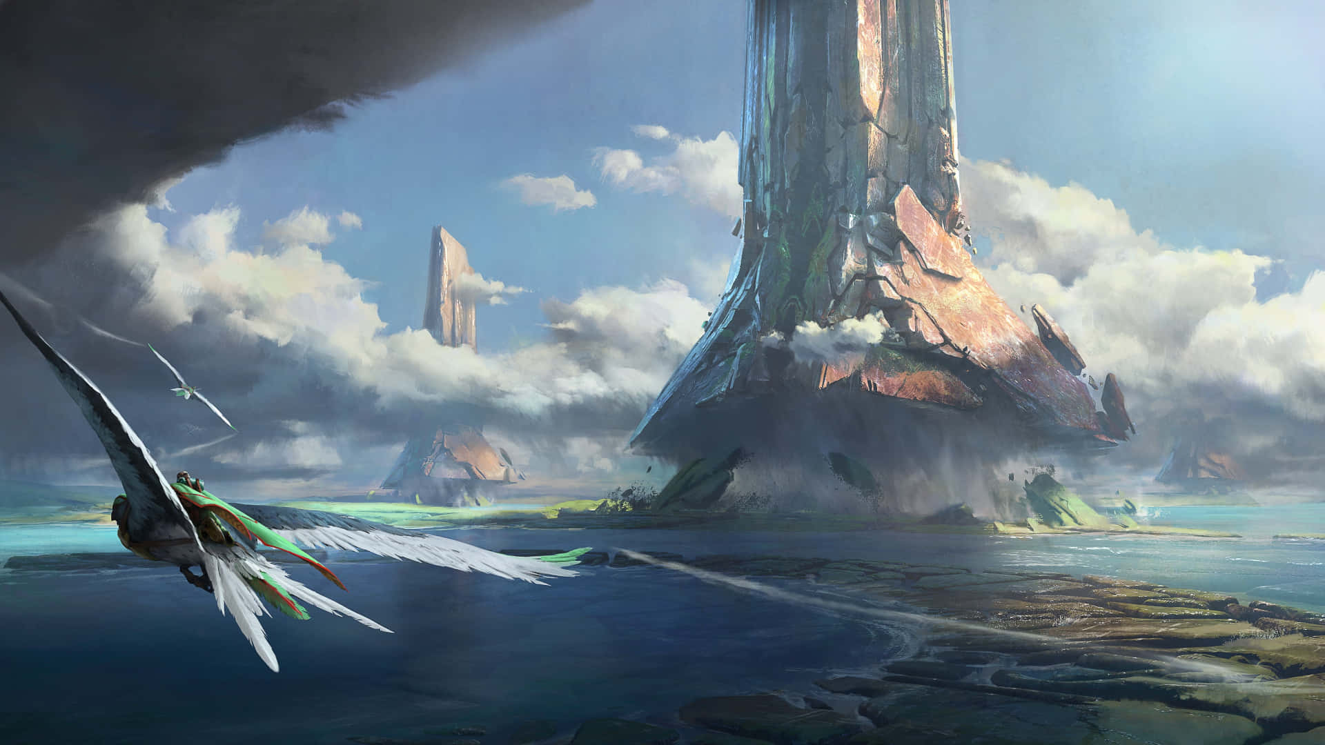 mystical island cityscape, winged figure, vast ocean, Full HD Desktop Wallpaper